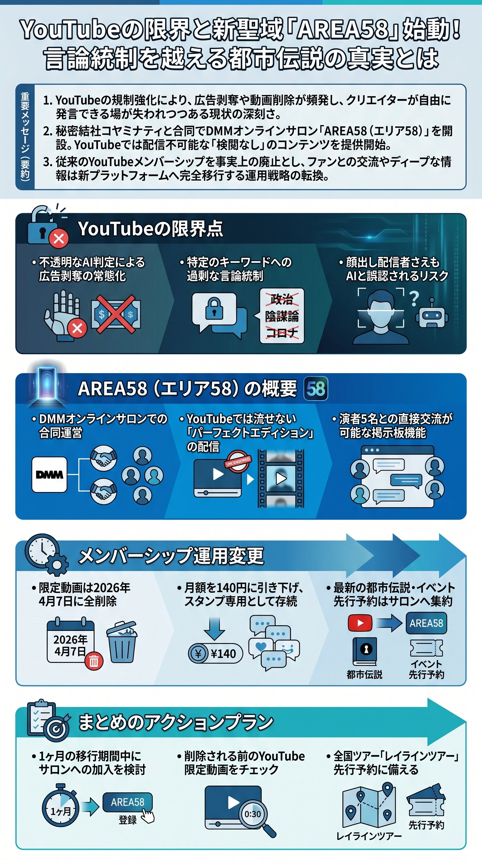 YouTube規制強化とAREA58開設戦略をコヤッキーが要約 - 1分でわかるスライド要約 (manabi)