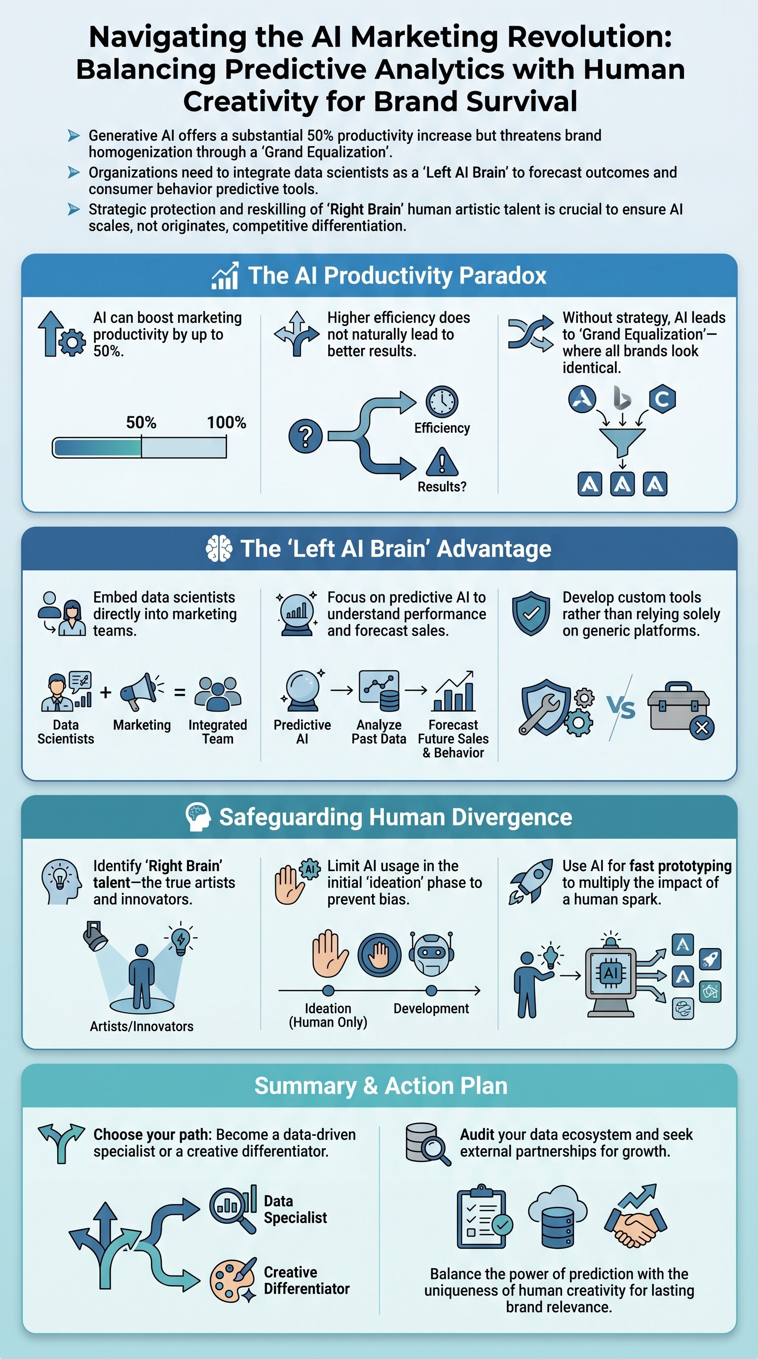 Navigating the AI Marketing Revolution: Balancing Predictive Analytics with Human Creativity for Brand Survival - 1分でわかるスライド要約 (manabi)