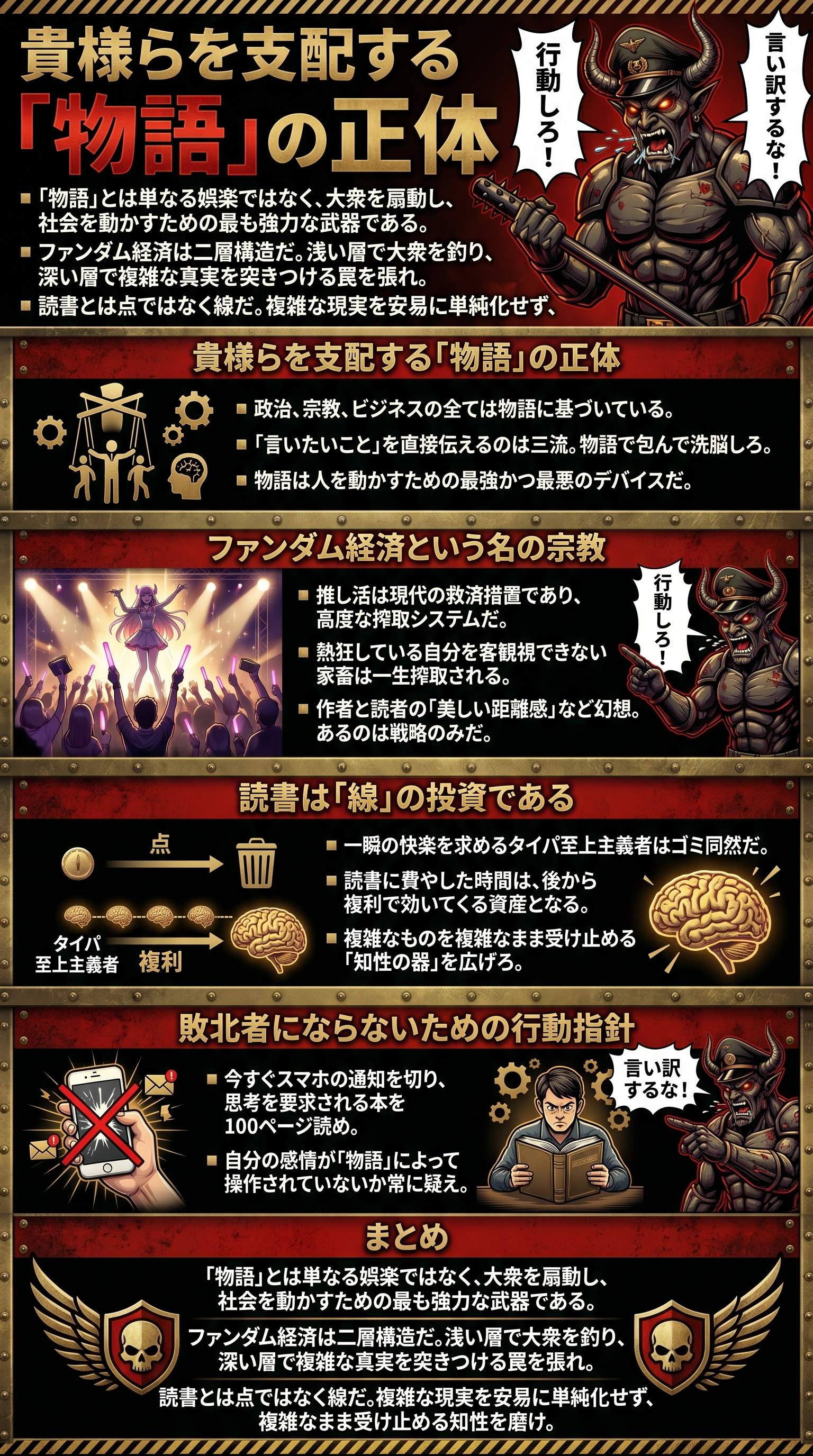 「物語」が人を動かす理由と熱狂の危うさを要約 - 1分でわかるスライド要約 (manabi)