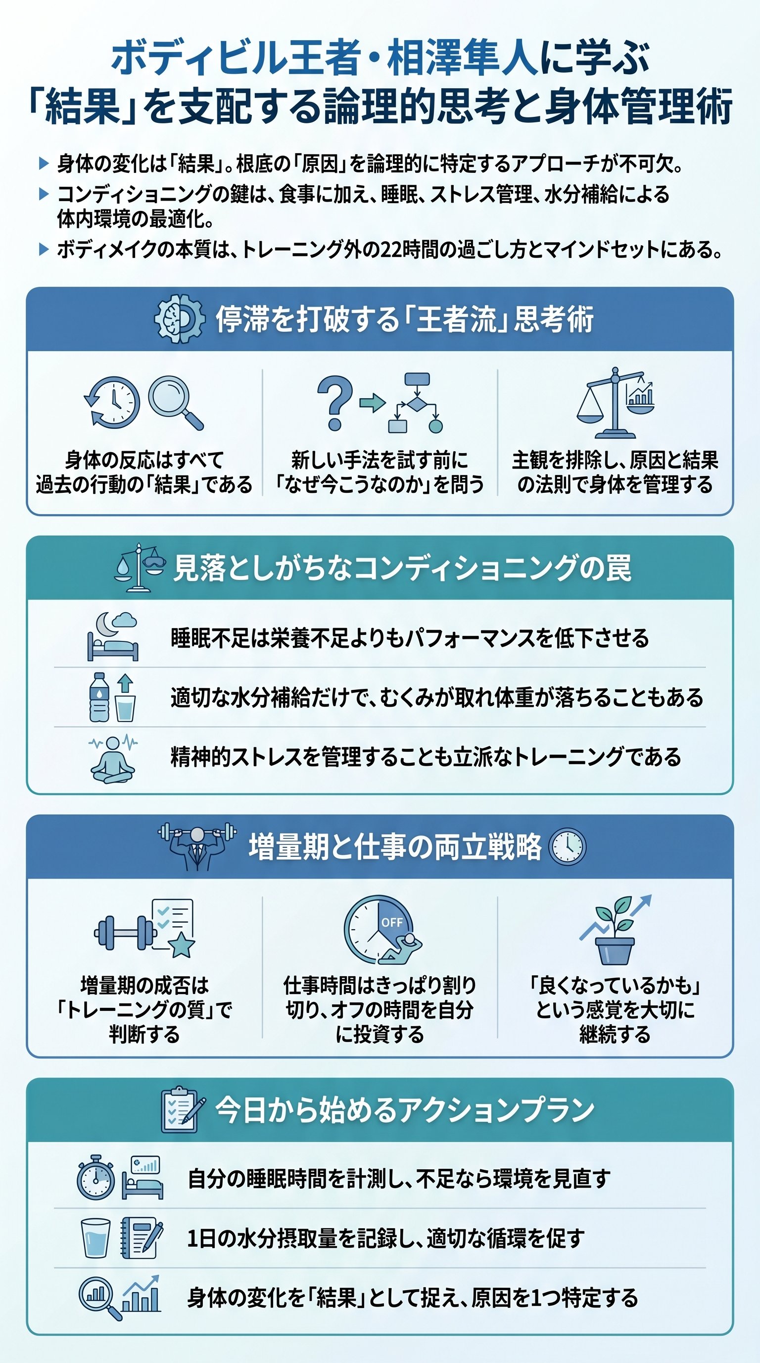 相澤隼人のボディメイク停滞打破論理的アプローチをコアラ小嵐が要約 - 1分でわかるスライド要約 (manabi)
