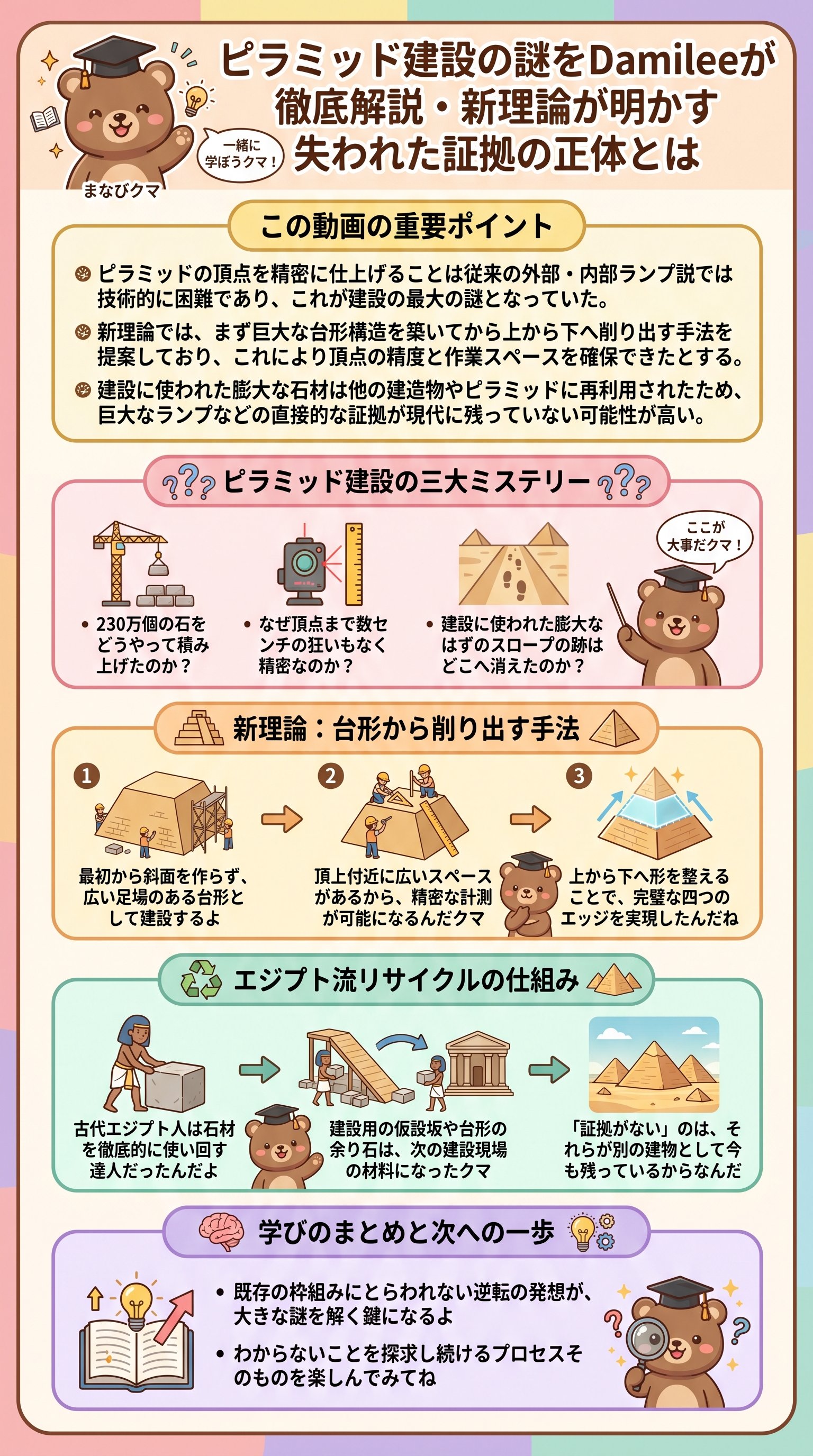 ピラミッド建設の謎をDamileeが徹底解説・新理論が明かす失われた証拠の正体とは - 1分でわかるスライド要約 (manabi)