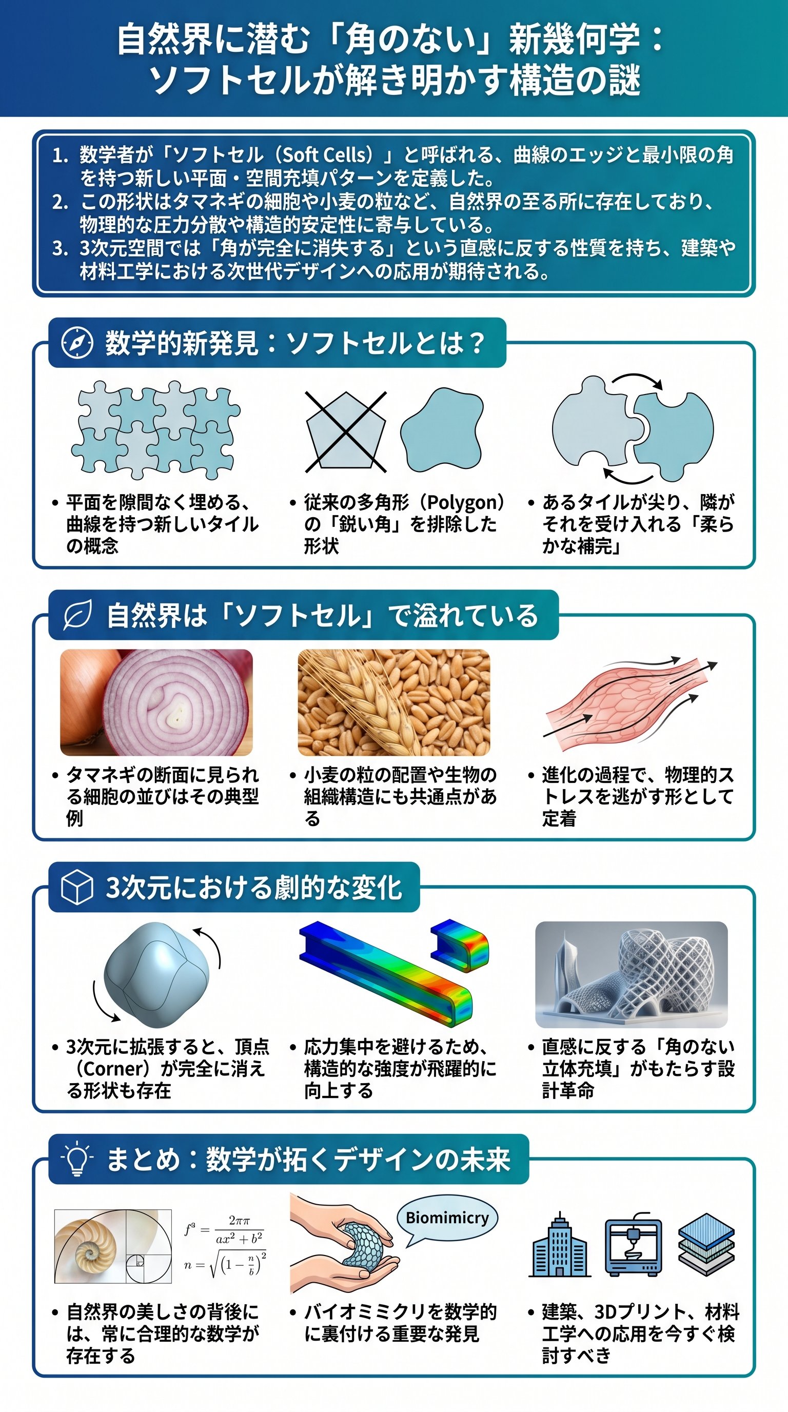 自然界に潜む「角のない」新幾何学：ソフトセルが解き明かす構造の謎 - 1分でわかるスライド要約 (manabi)