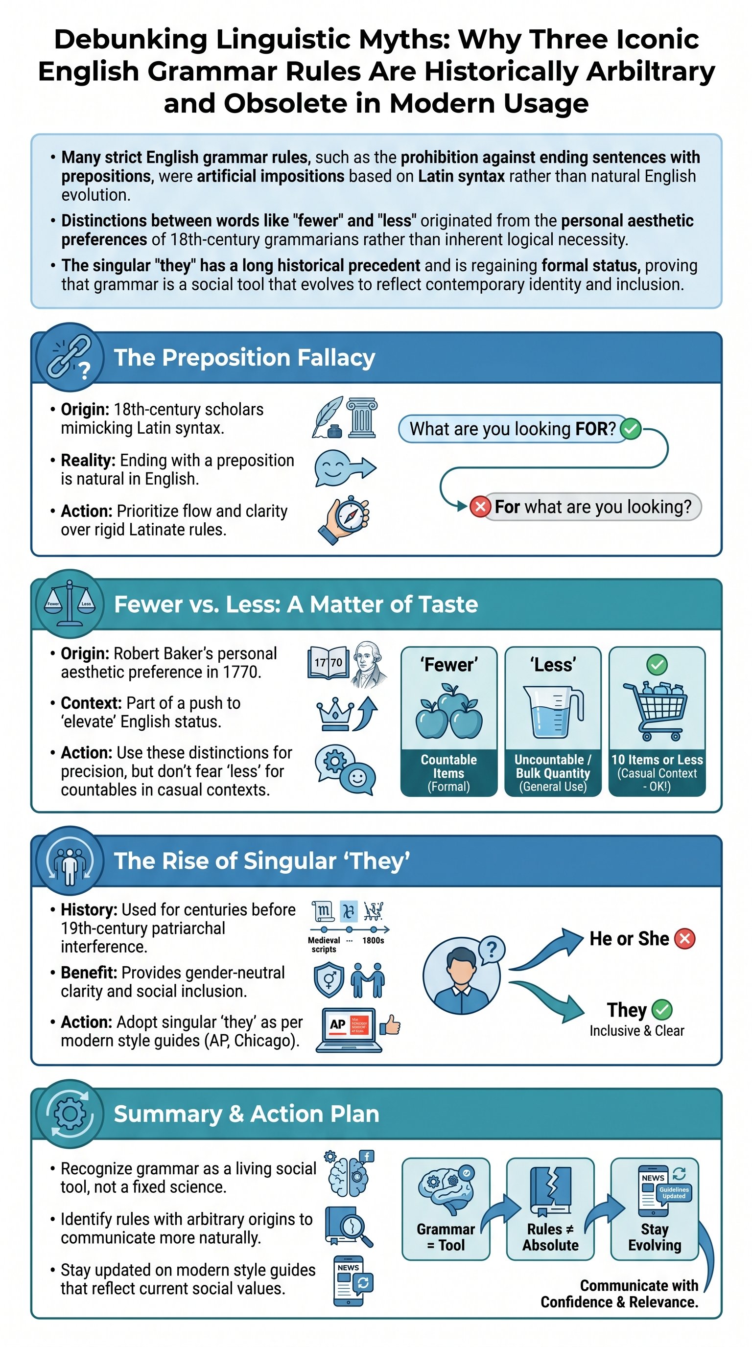Debunking Linguistic Myths: Why Three Iconic English Grammar Rules Are Historically Arbitrary and Obsolete in Modern Usage - 1分でわかるスライド要約 (manabi)