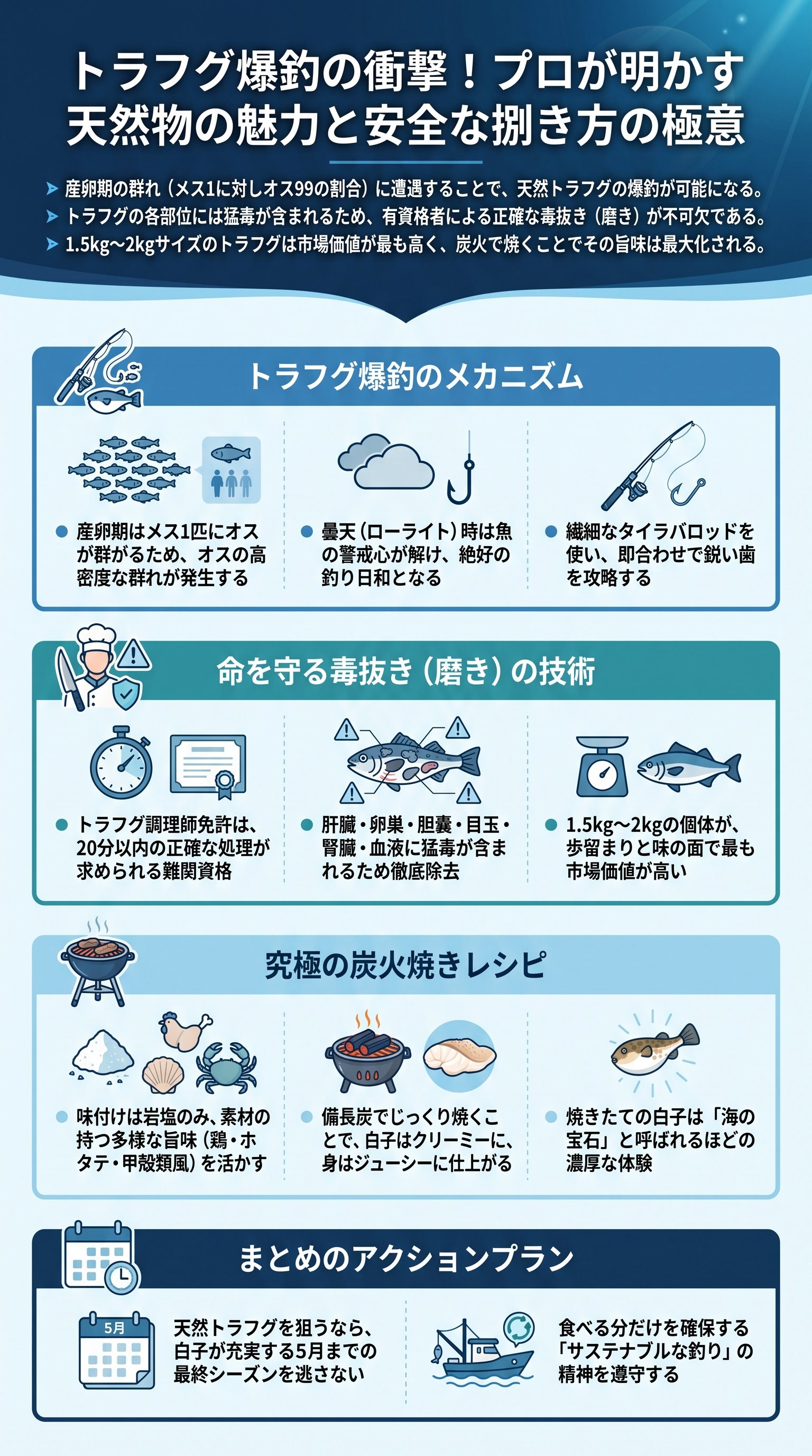 トラフグ爆釣の秘密と毒抜き・捌き方をきまぐれクックが要約 - 1分でわかるスライド要約 (manabi)