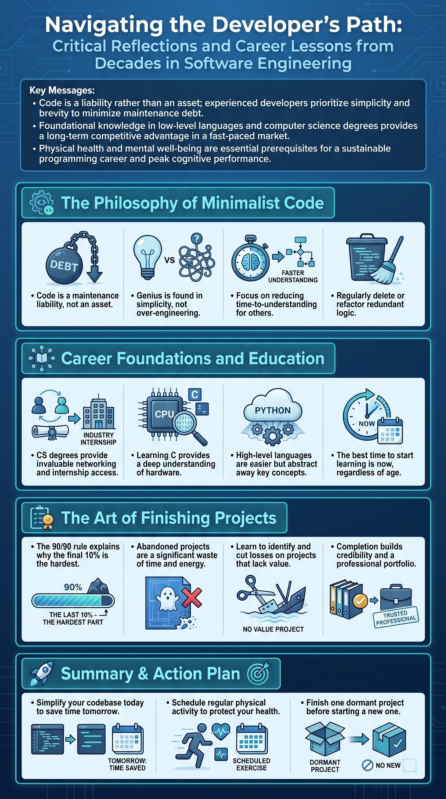 Navigating the Developer's Path: Critical Reflections and Career Lessons from Decades in Software Engineering - 1分でわかるスライド要約 (manabi)