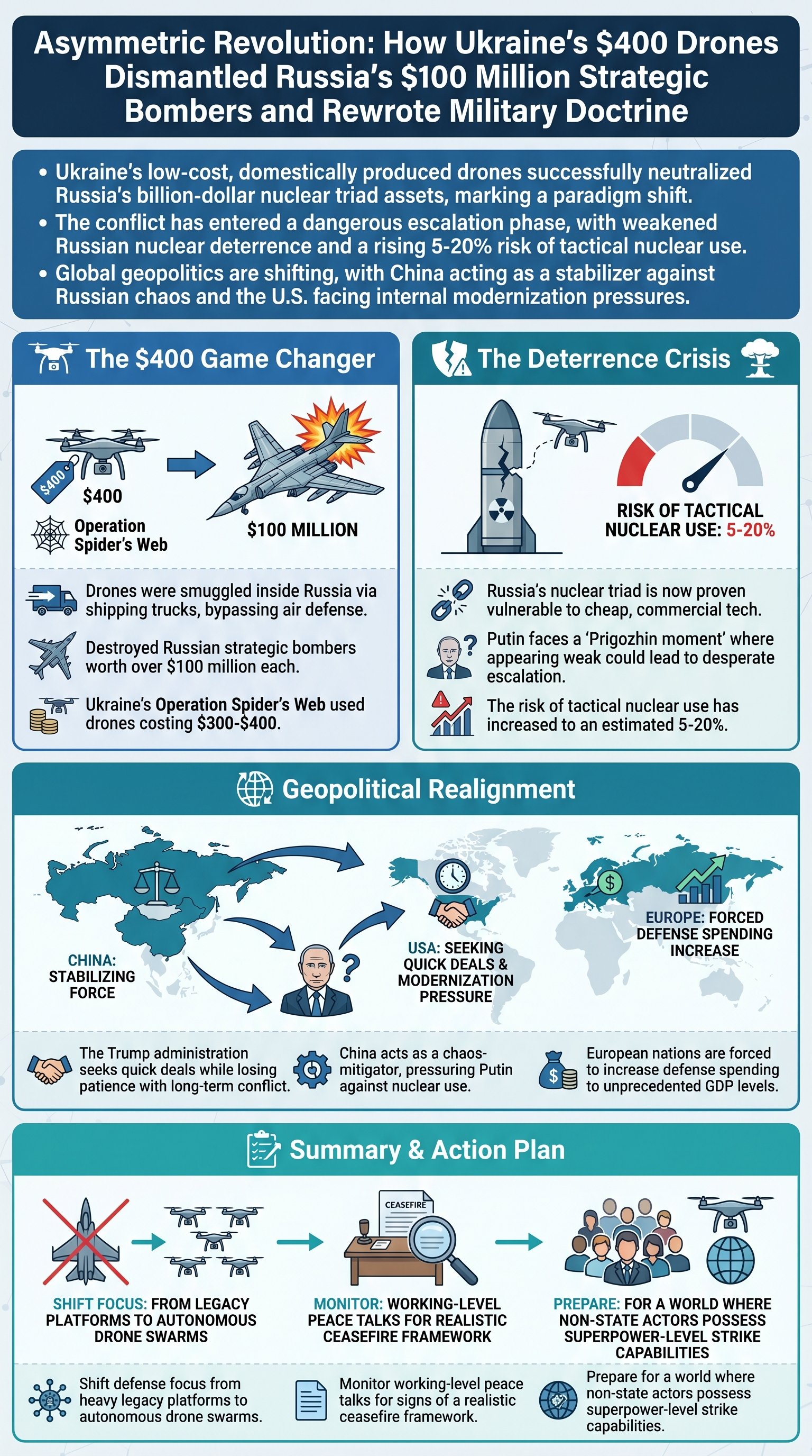 Asymmetric Revolution: How Ukraine’s $400 Drones Dismantled Russia’s $100 Million Strategic Bombers and Rewrote Military Doctrine - 1分でわかるスライド要約 (manabi)