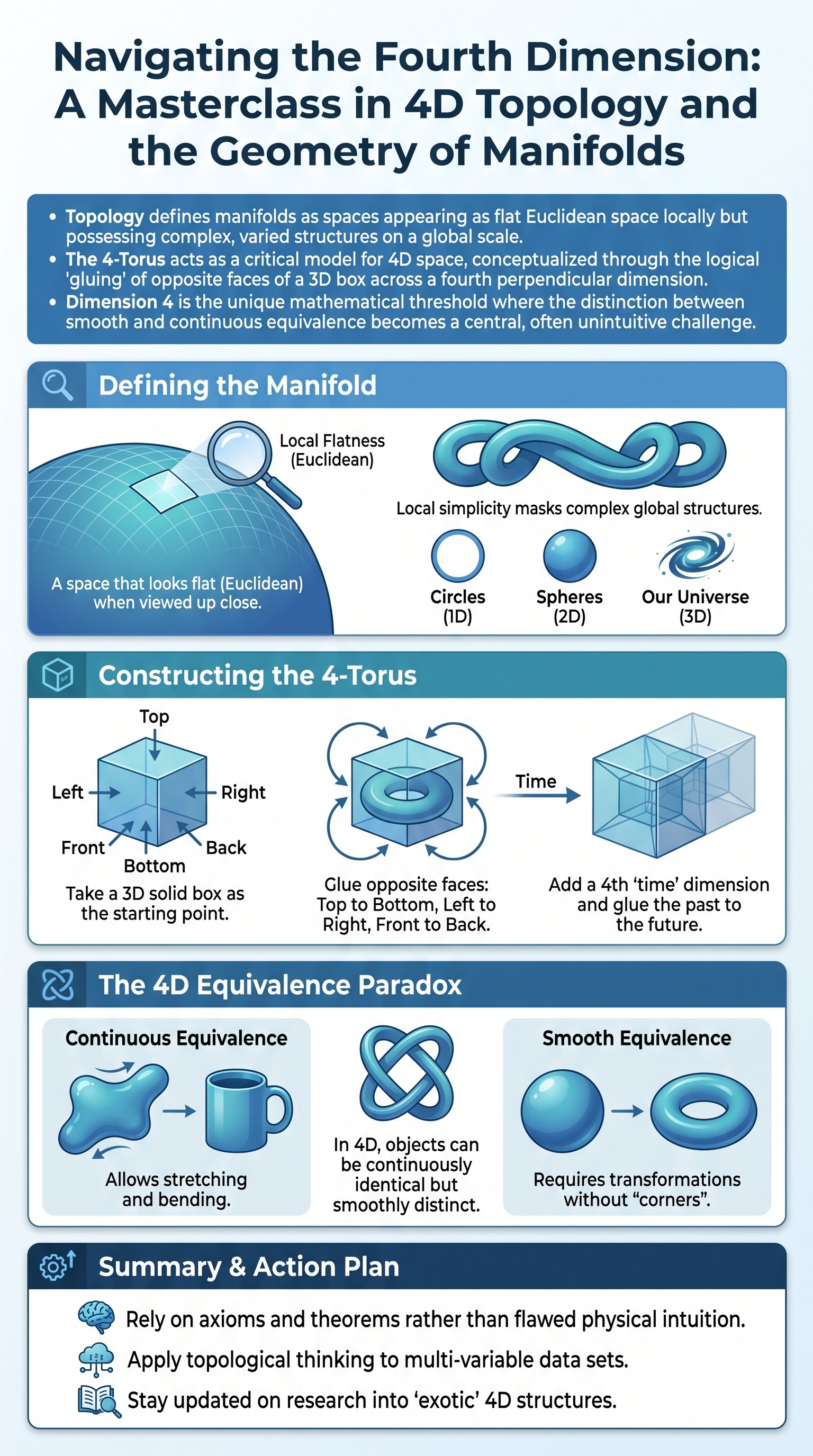 Navigating the Fourth Dimension: A Masterclass in 4D Topology and the Geometry of Manifolds - 1分でわかるスライド要約 (manabi)