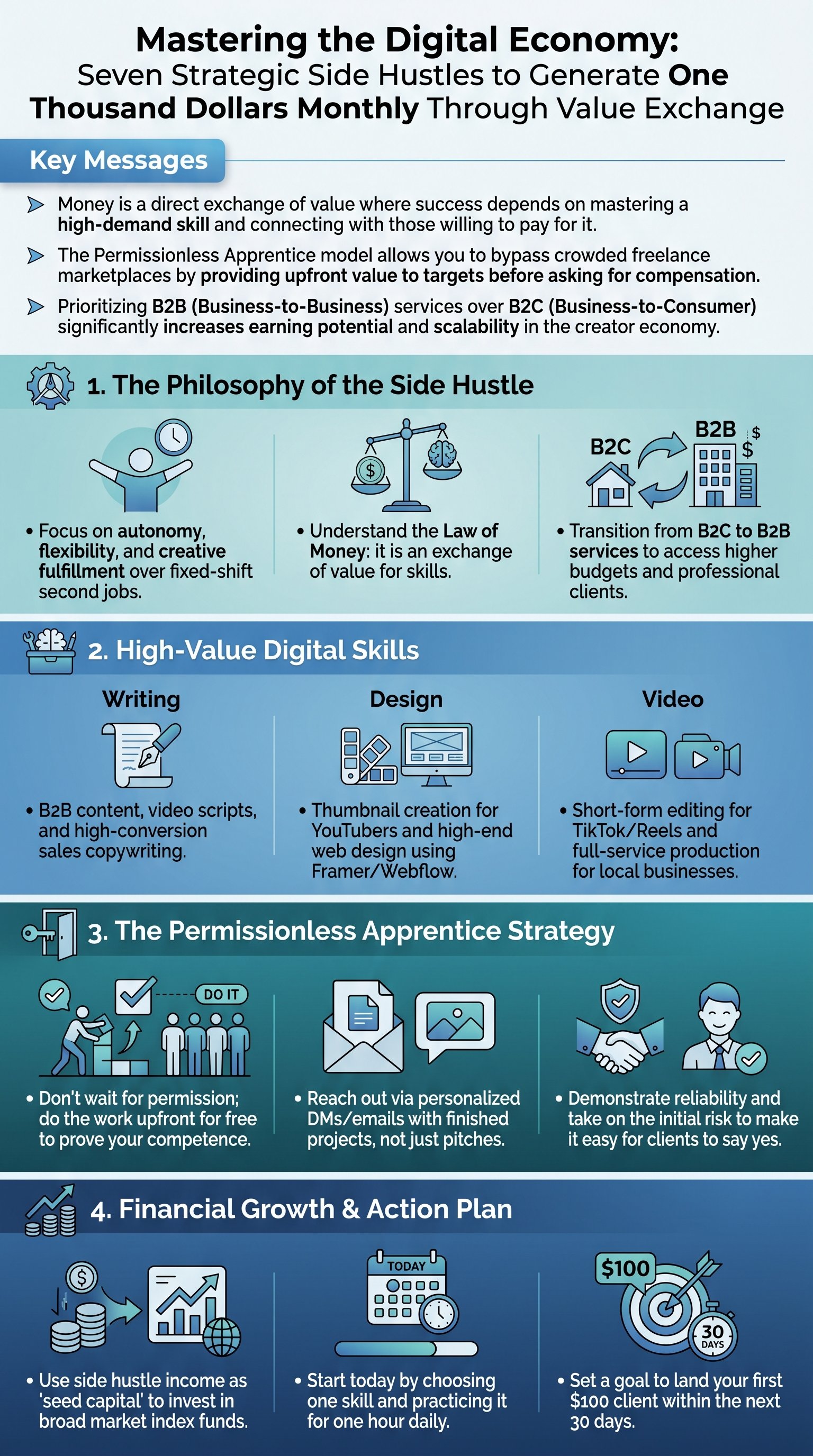 Mastering the Digital Economy: Seven Strategic Side Hustles to Generate One Thousand Dollars Monthly Through Value Exchange - 1分でわかるスライド要約 (manabi)