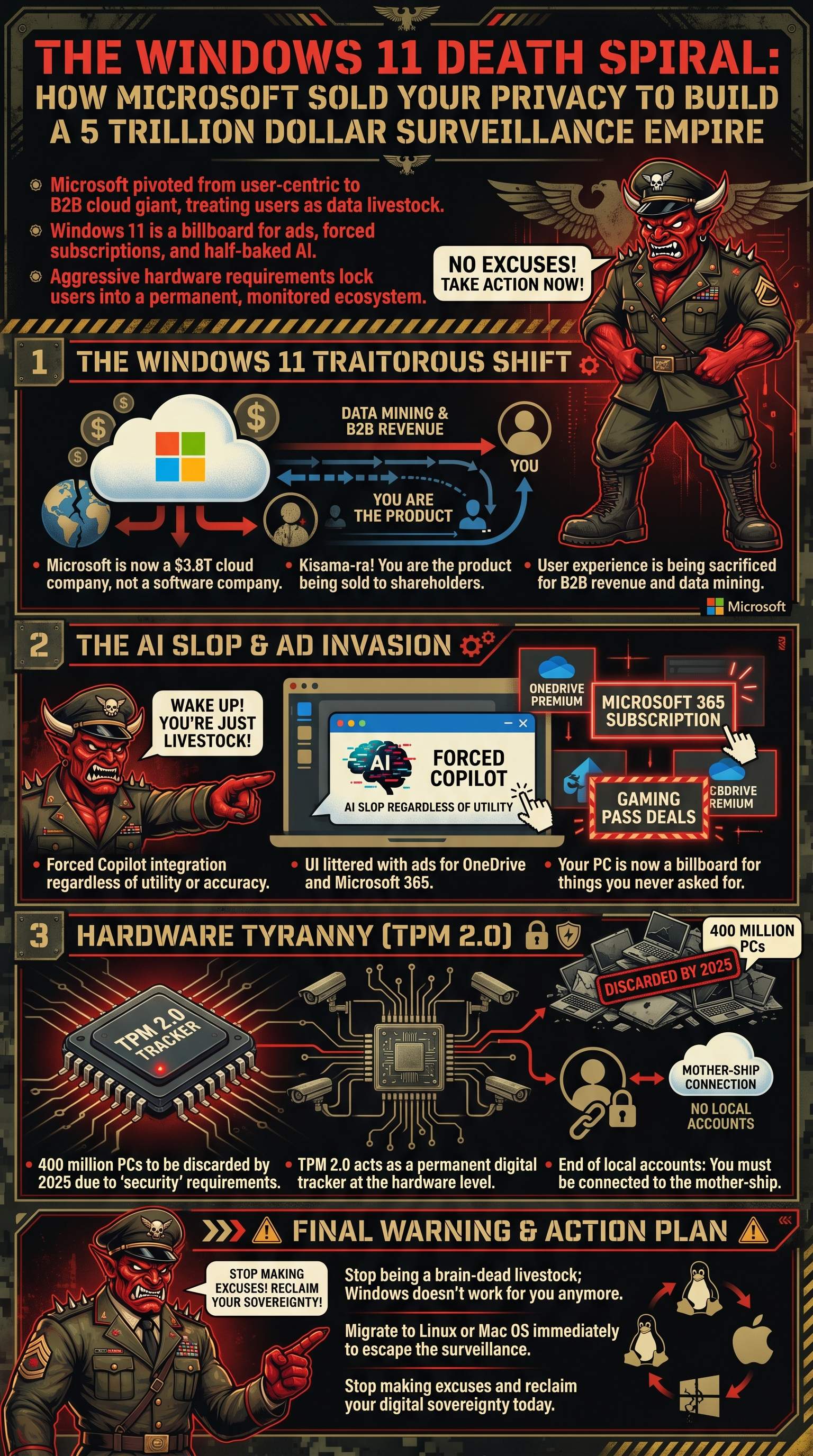 The Windows 11 Death Spiral: How Microsoft Sold Your Privacy to Build a 5 Trillion Dollar Surveillance Empire - 1分でわかるスライド要約 (manabi)