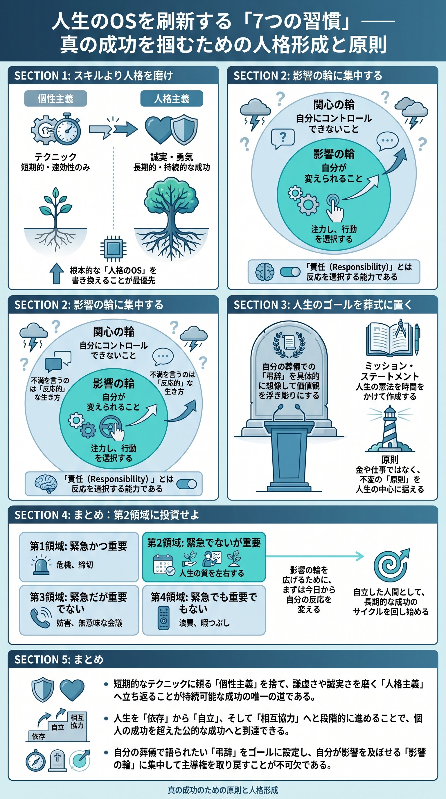 人生のOSを刷新する「7つの習慣」——真の成功を掴むための人格形成と原則 - 1分でわかるスライド要約 (manabi)