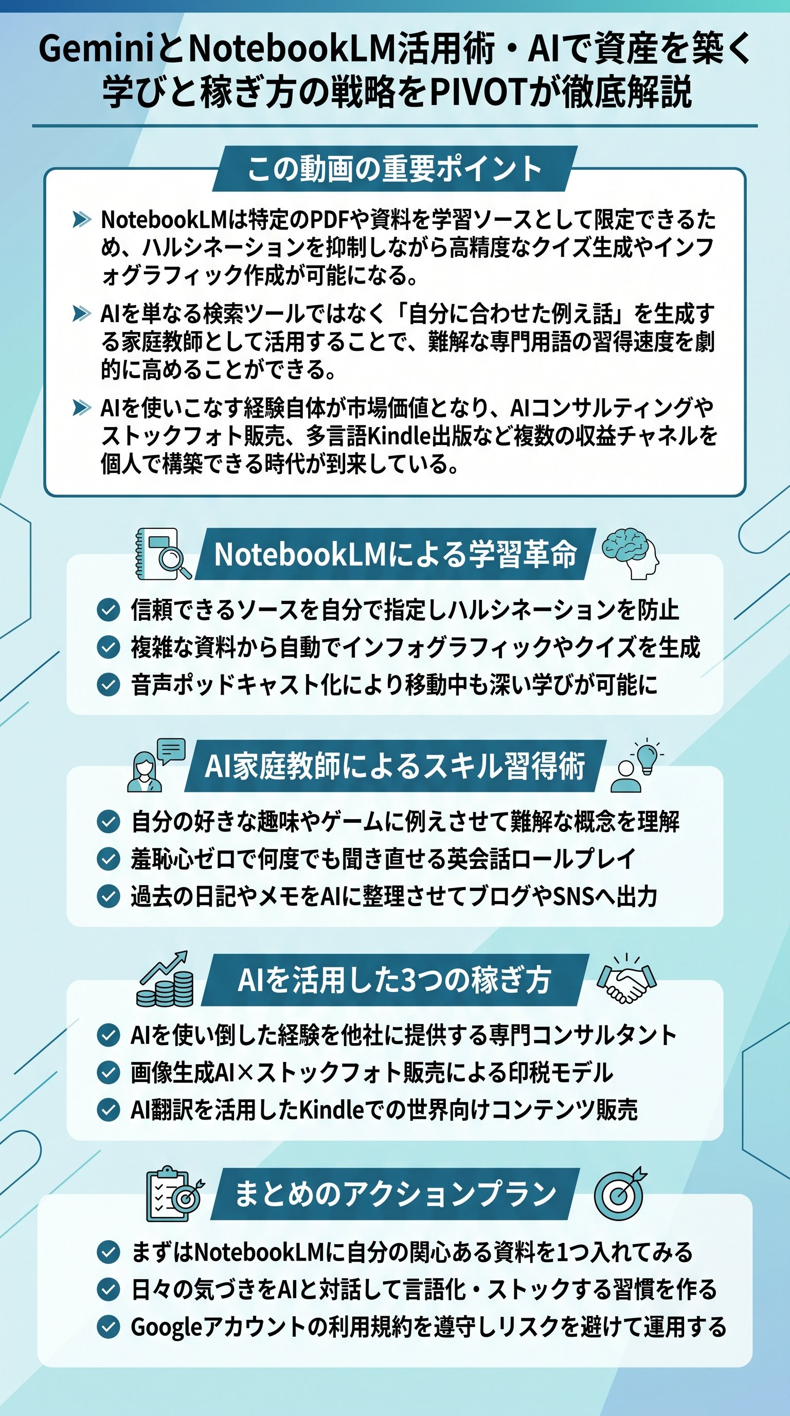GeminiとNotebookLM活用術・AIで資産を築く学びと稼ぎ方の戦略をPIVOTが徹底解説 - 1分でわかるスライド要約 (manabi)