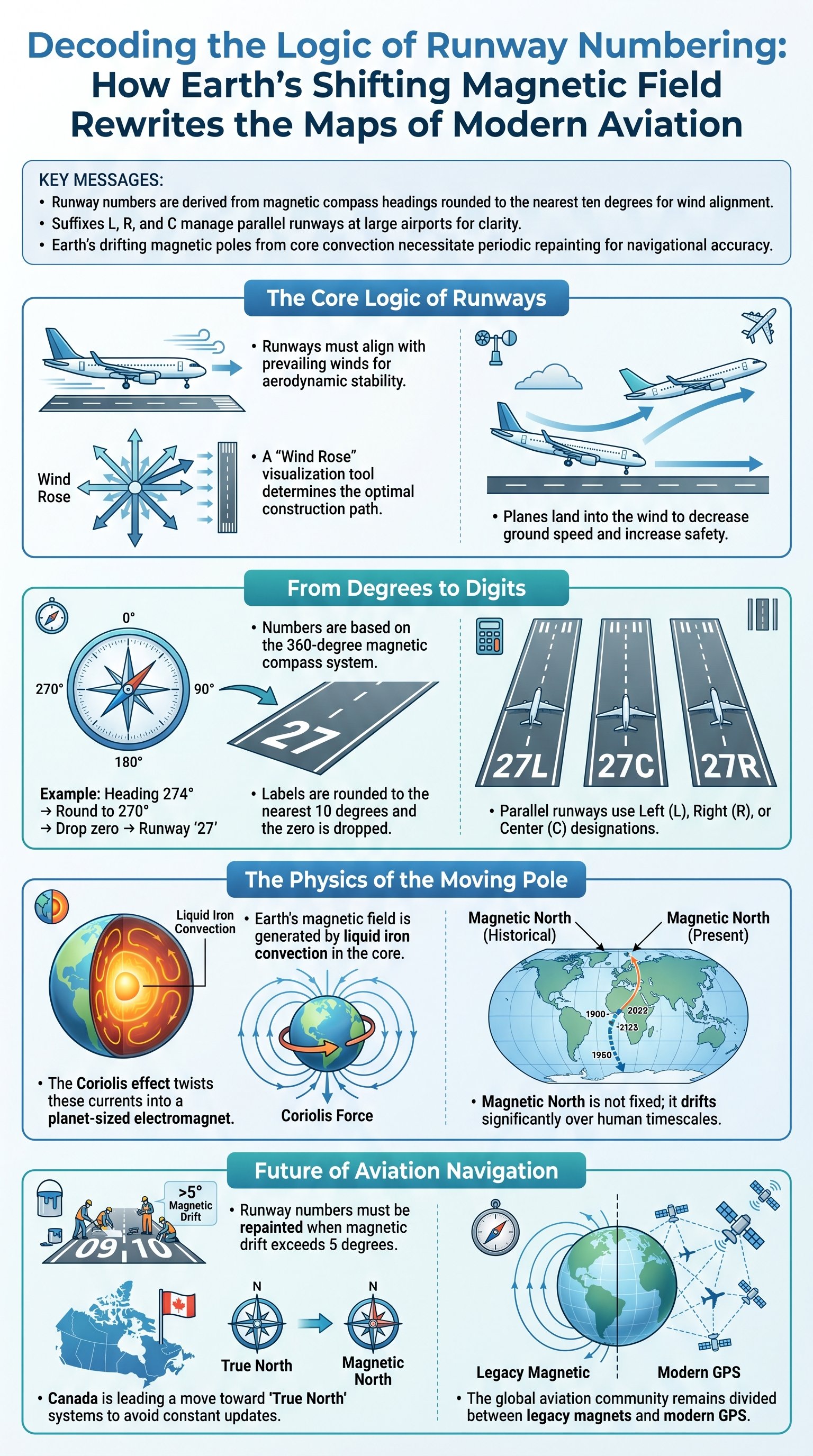 Decoding the Logic of Runway Numbering: How Earth's Shifting Magnetic Field Rewrites the Maps of Modern Aviation - 1分でわかるスライド要約 (manabi)
