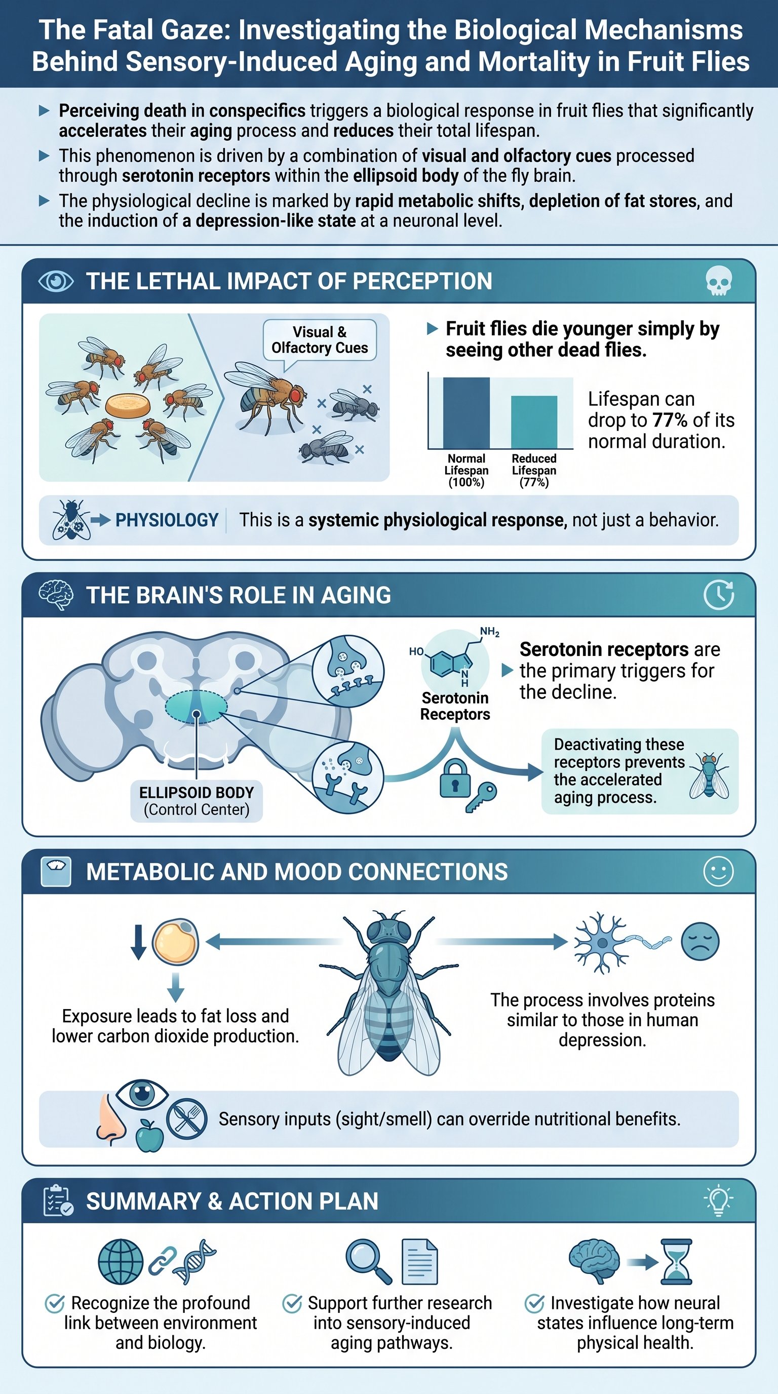 The Fatal Gaze: Investigating the Biological Mechanisms Behind Sensory-Induced Aging and Mortality in Fruit Flies - 1分でわかるスライド要約 (manabi)