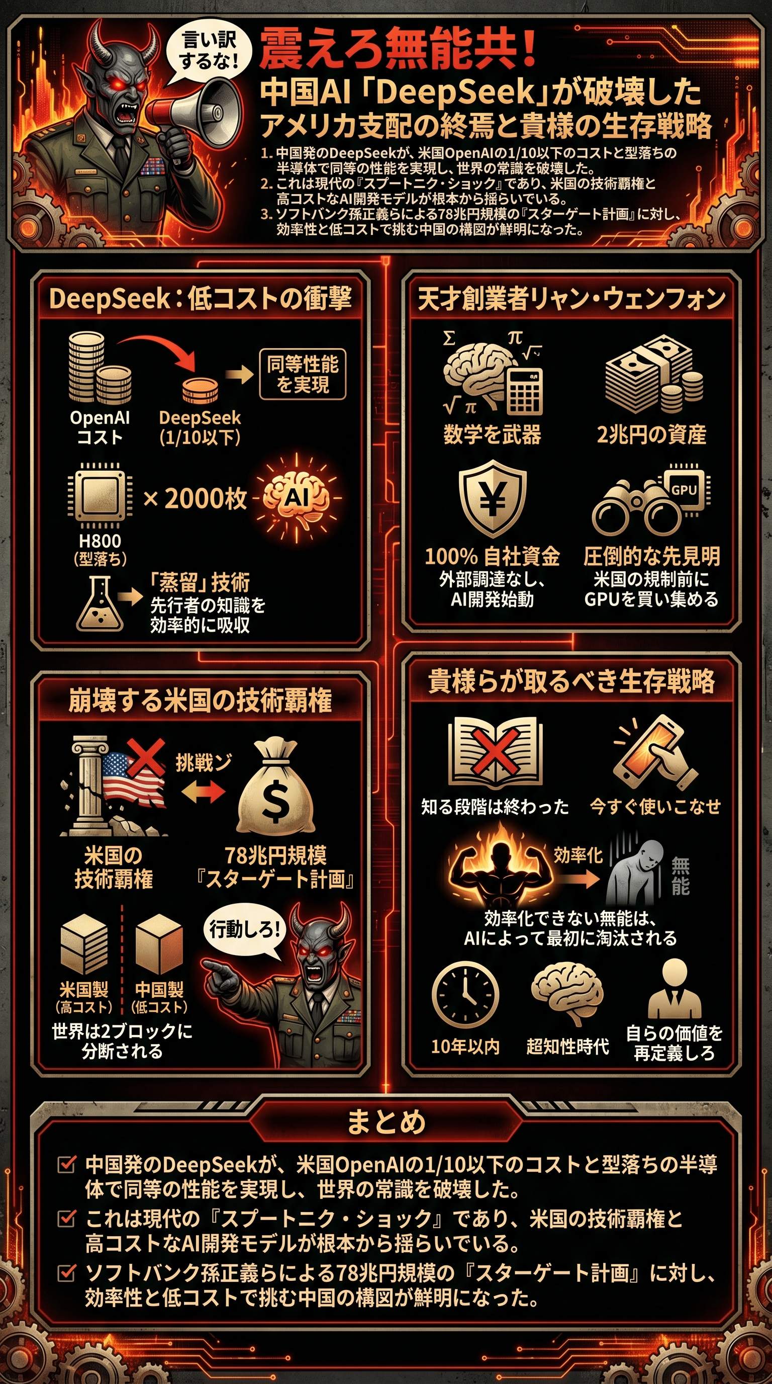 中国AI・DeepSeekの衝撃とアメリカAI覇権の行方を要約 - 1分でわかるスライド要約 (manabi)