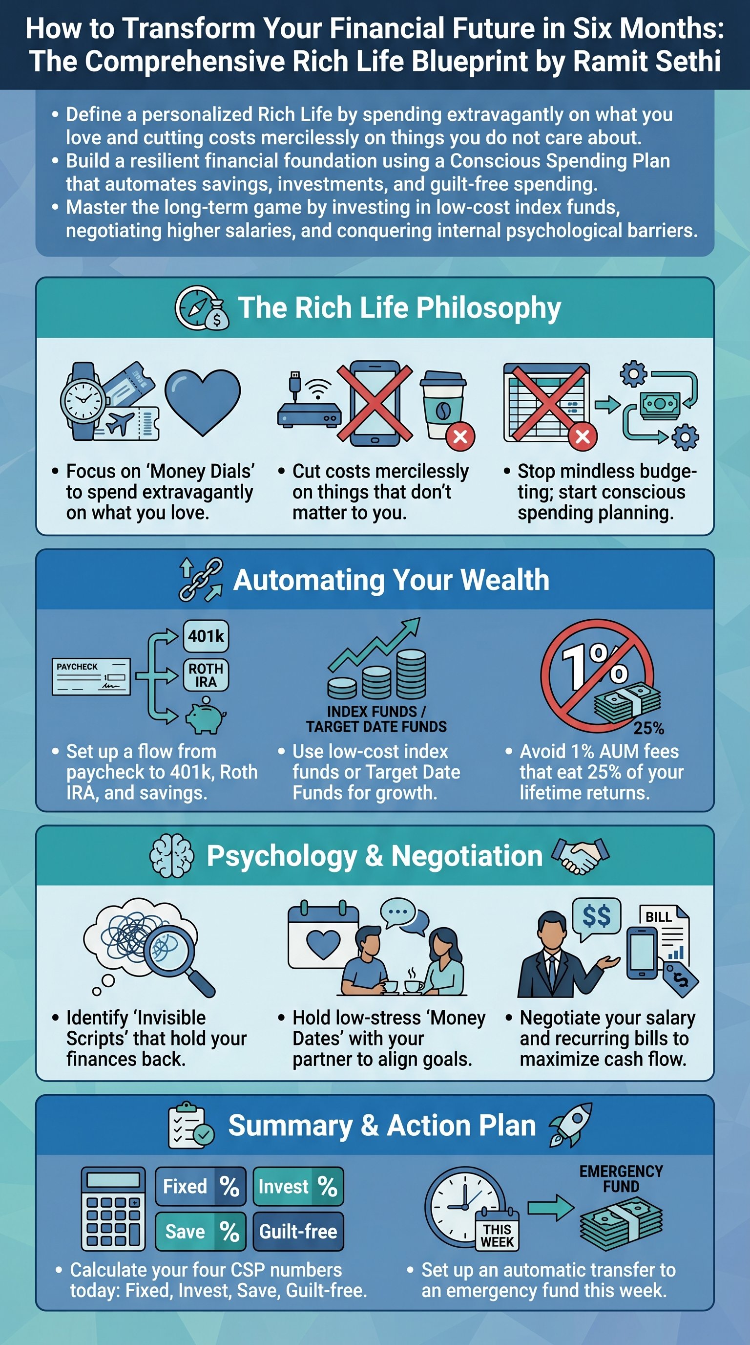 How to Transform Your Financial Future in Six Months: The Comprehensive Rich Life Blueprint by Ramit Sethi - 1分でわかるスライド要約 (manabi)