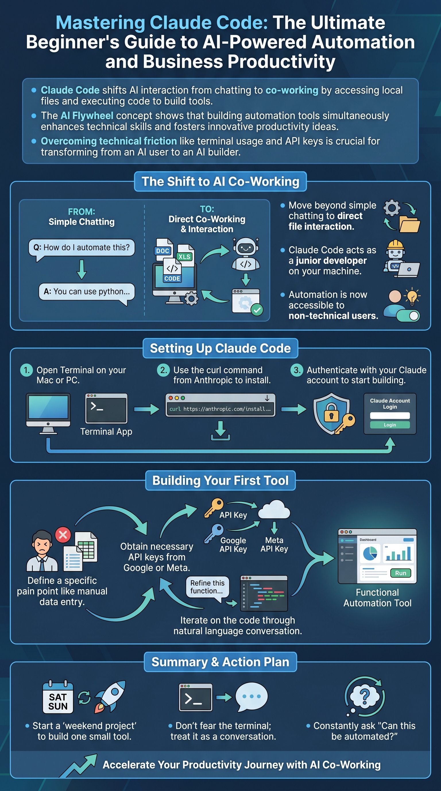 Mastering Claude Code: The Ultimate Beginner's Guide to AI-Powered Automation and Business Productivity - 1分でわかるスライド要約 (manabi)