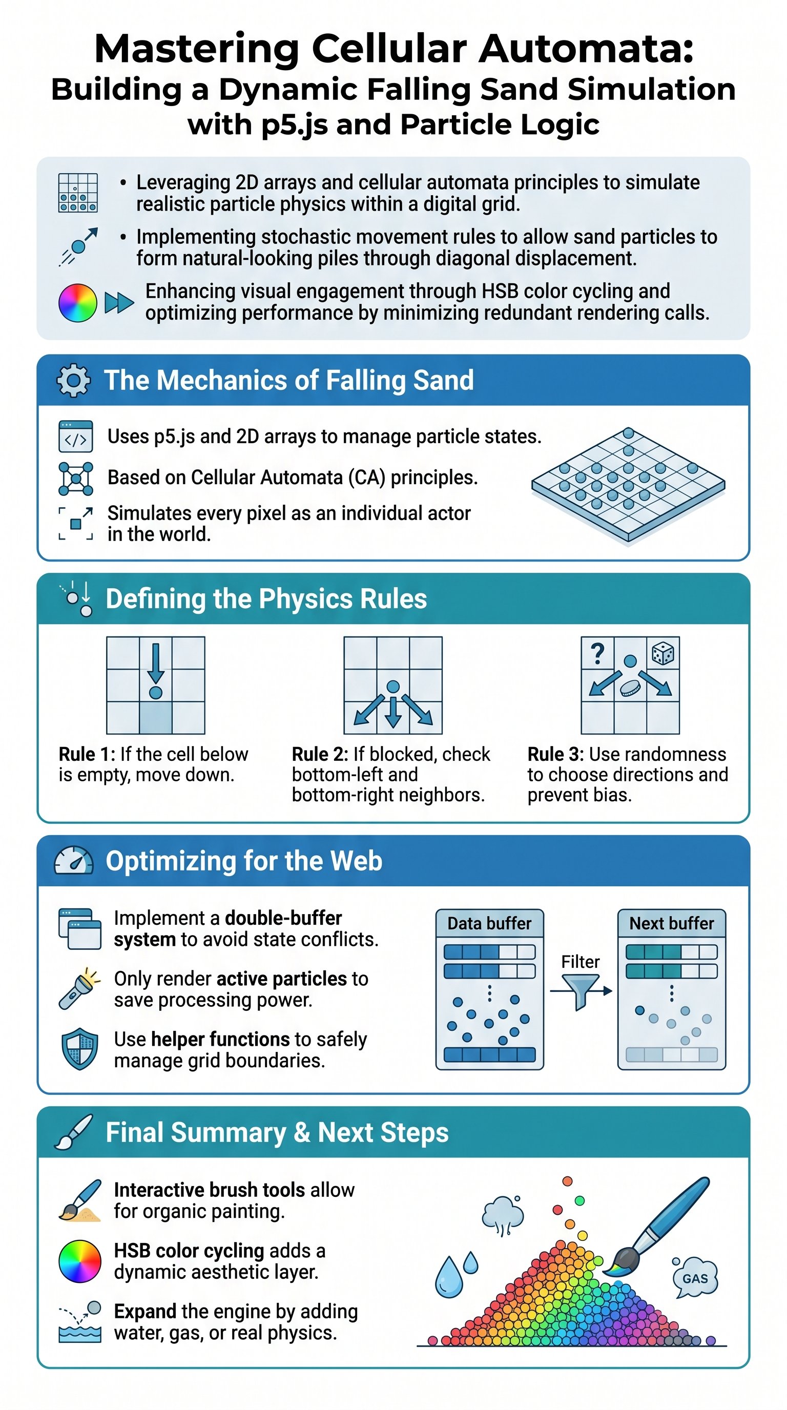 Mastering Cellular Automata: Building a Dynamic Falling Sand Simulation with p5.js and Particle Logic - 1分でわかるスライド要約 (manabi)