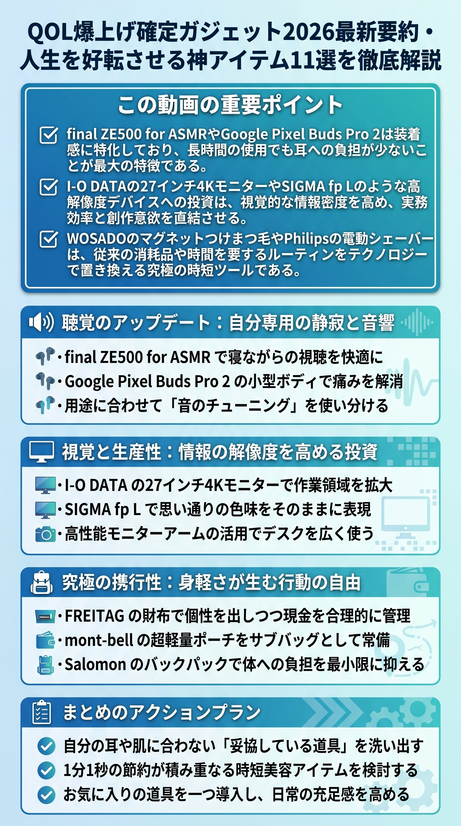 QOL爆上げ確定ガジェット2026最新要約・人生を好転させる神アイテム11選を徹底解説 - 1分でわかるスライド要約 (manabi)