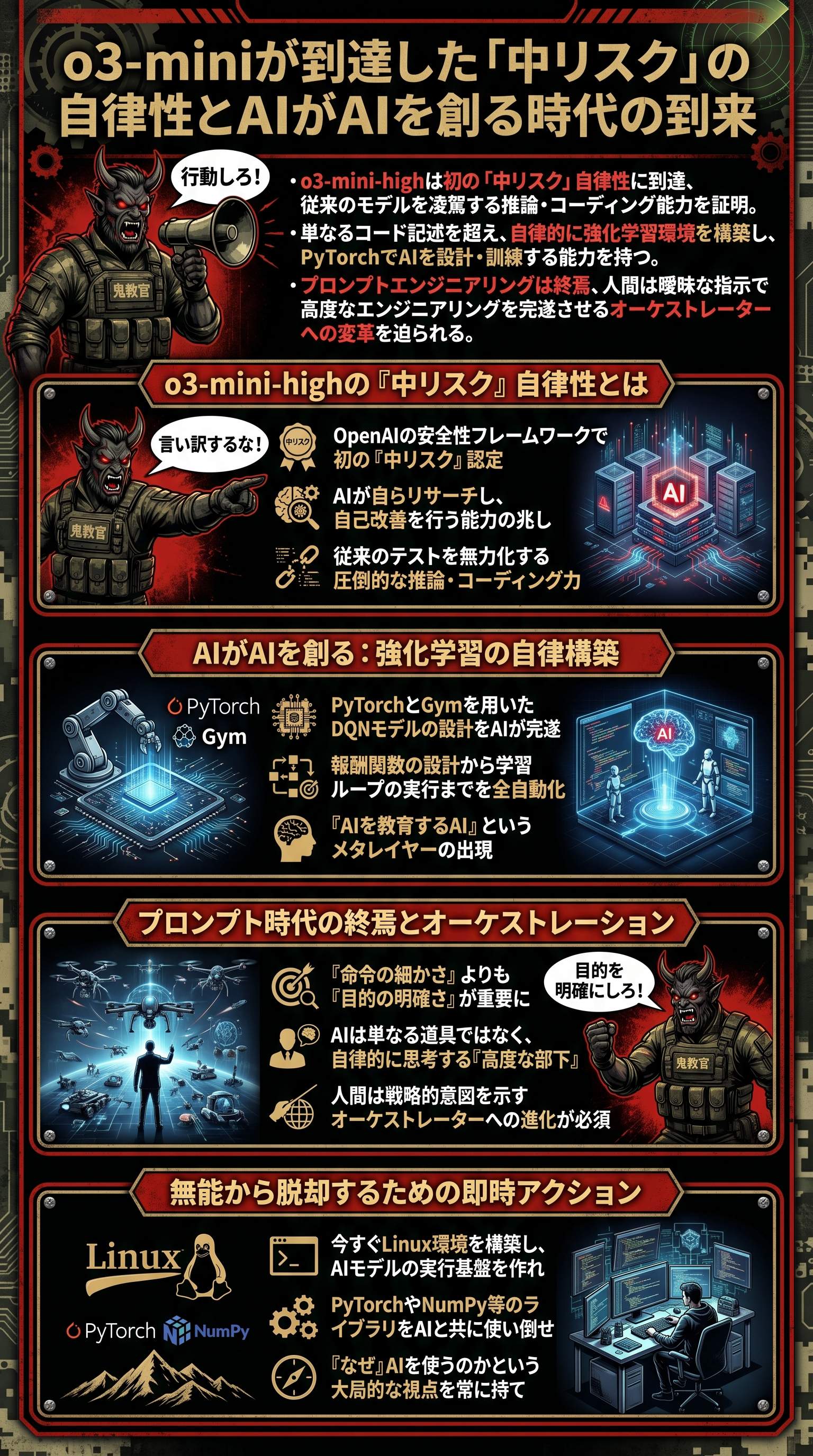 o3-miniが到達した「中リスク」の自律性とAIがAIを創る時代の到来 - 1分でわかるスライド要約 (manabi)