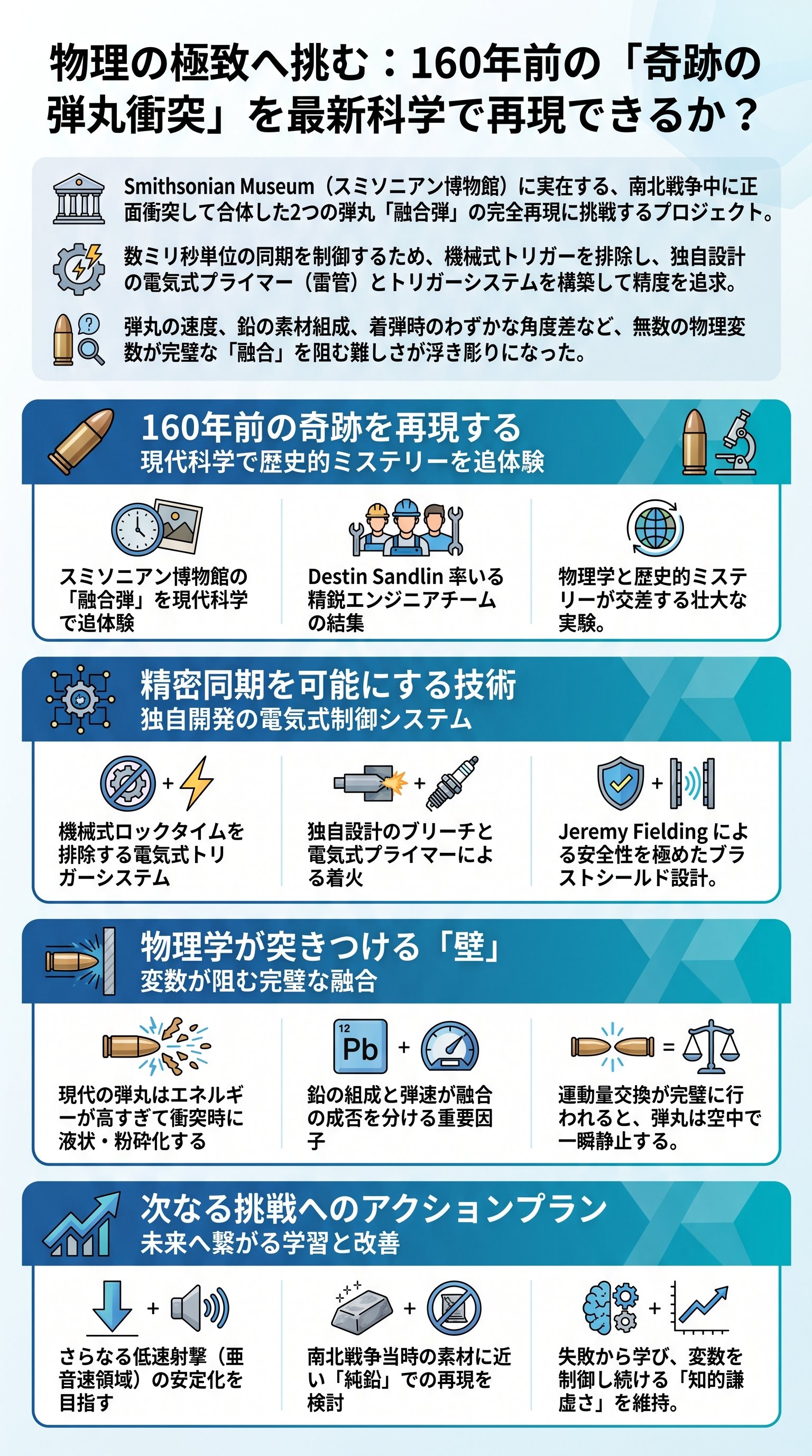 物理の極致へ挑む：160年前の「奇跡の弾丸衝突」を最新科学で再現できるか？ - 1分でわかるスライド要約 (manabi)