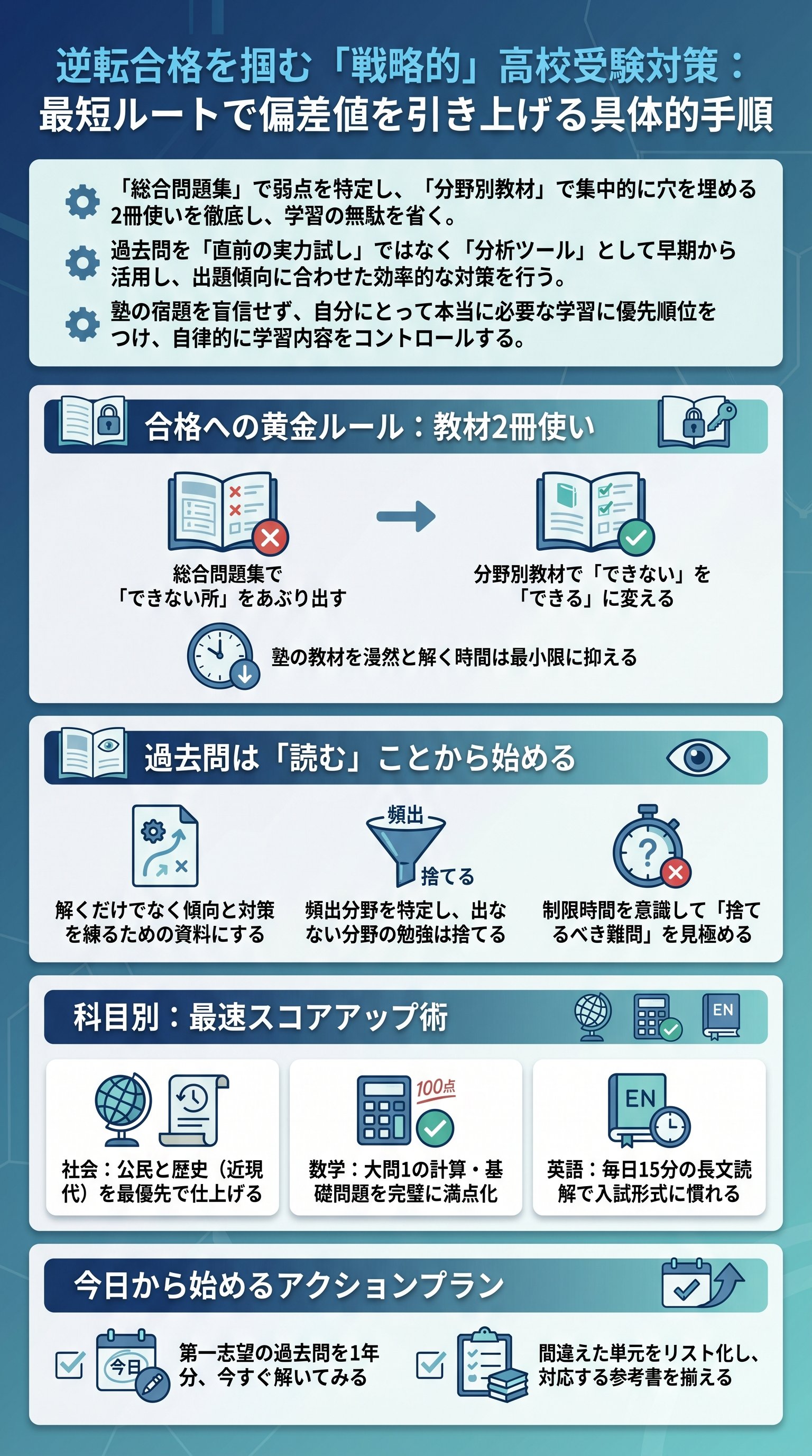 逆転合格を掴む「戦略的」高校受験対策：最短ルートで偏差値を引き上げる具体的手順を要約 - 1分でわかるスライド要約 (manabi)