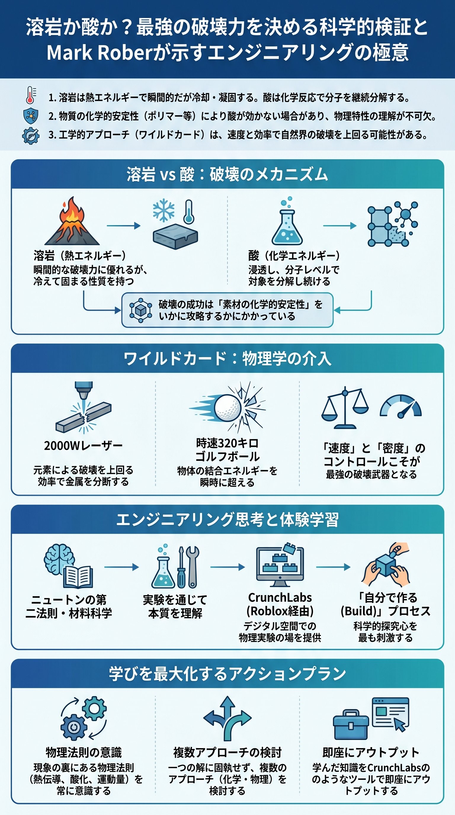 溶岩か酸か？最強の破壊力を決める科学的検証とMark Roberが示すエンジニアリングの極意 - 1分でわかるスライド要約 (manabi)