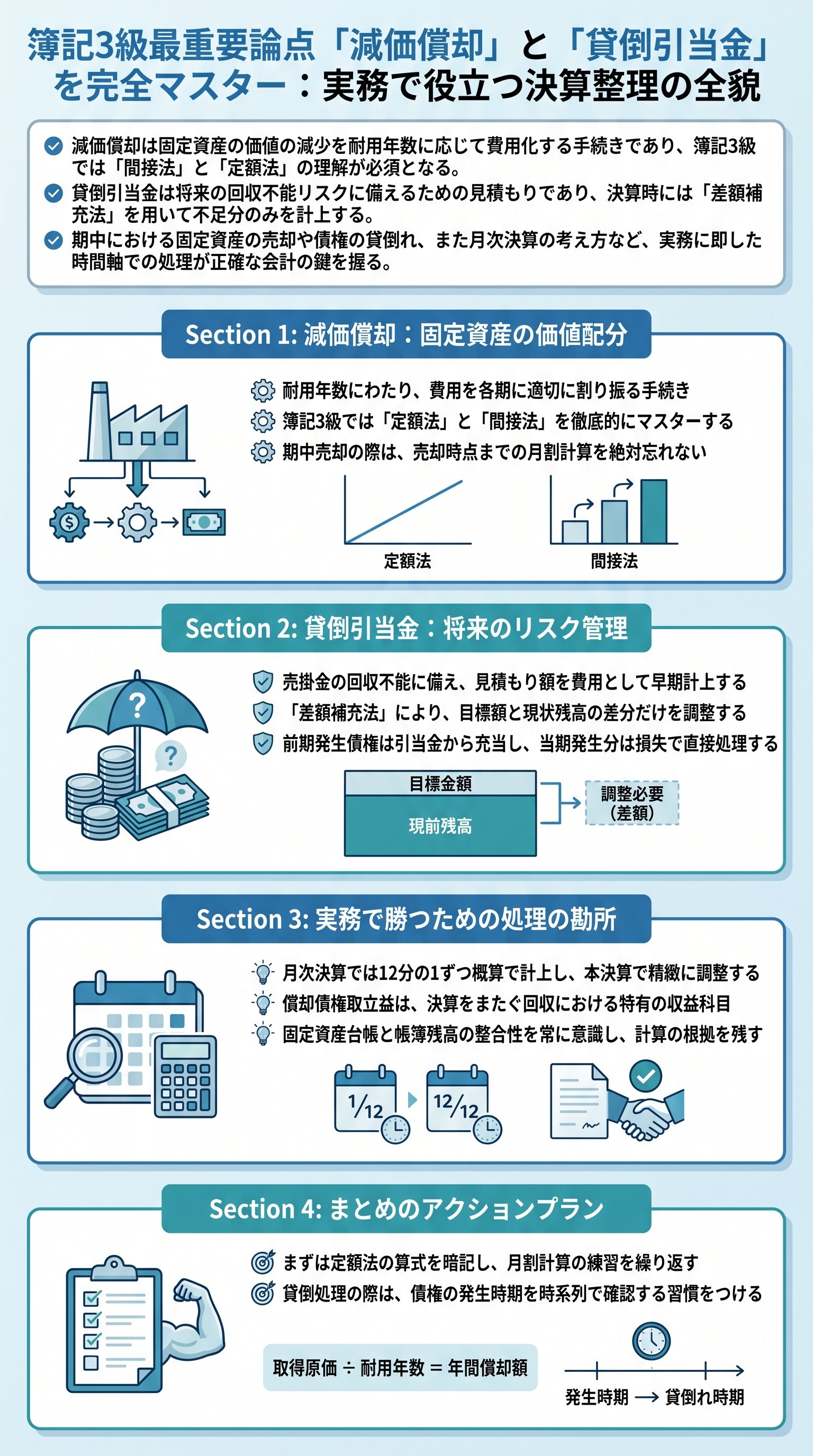 簿記3級最重要論点「減価償却」と「貸倒引当金」を完全マスター:実務で役立つ決算整理の全貌 - 1分でわかるスライド要約 (manabi)