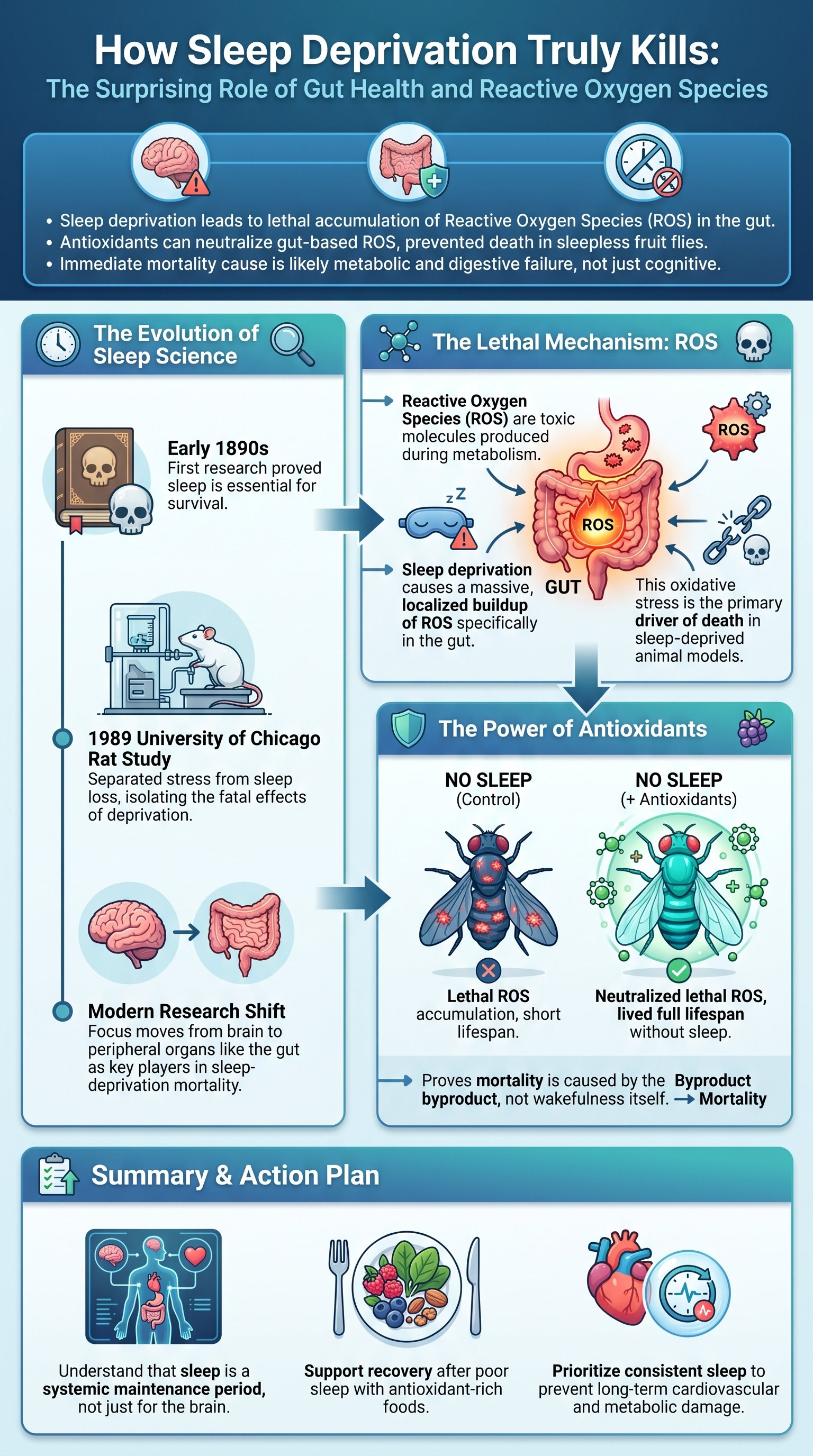 How Sleep Deprivation Truly Kills: The Surprising Role of Gut Health and Reactive Oxygen Species - 1分でわかるスライド要約 (manabi)