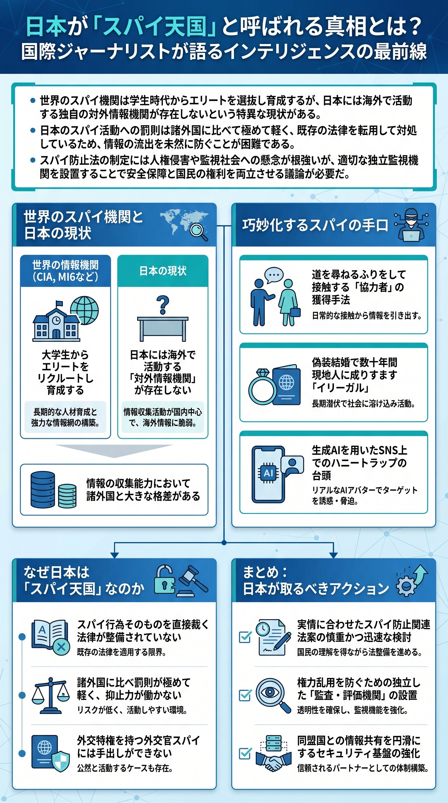 日本が「スパイ天国」と呼ばれる真相とは？国際ジャーナリストが語るインテリジェンスの最前線を要約 - 1分でわかるスライド要約 (manabi)