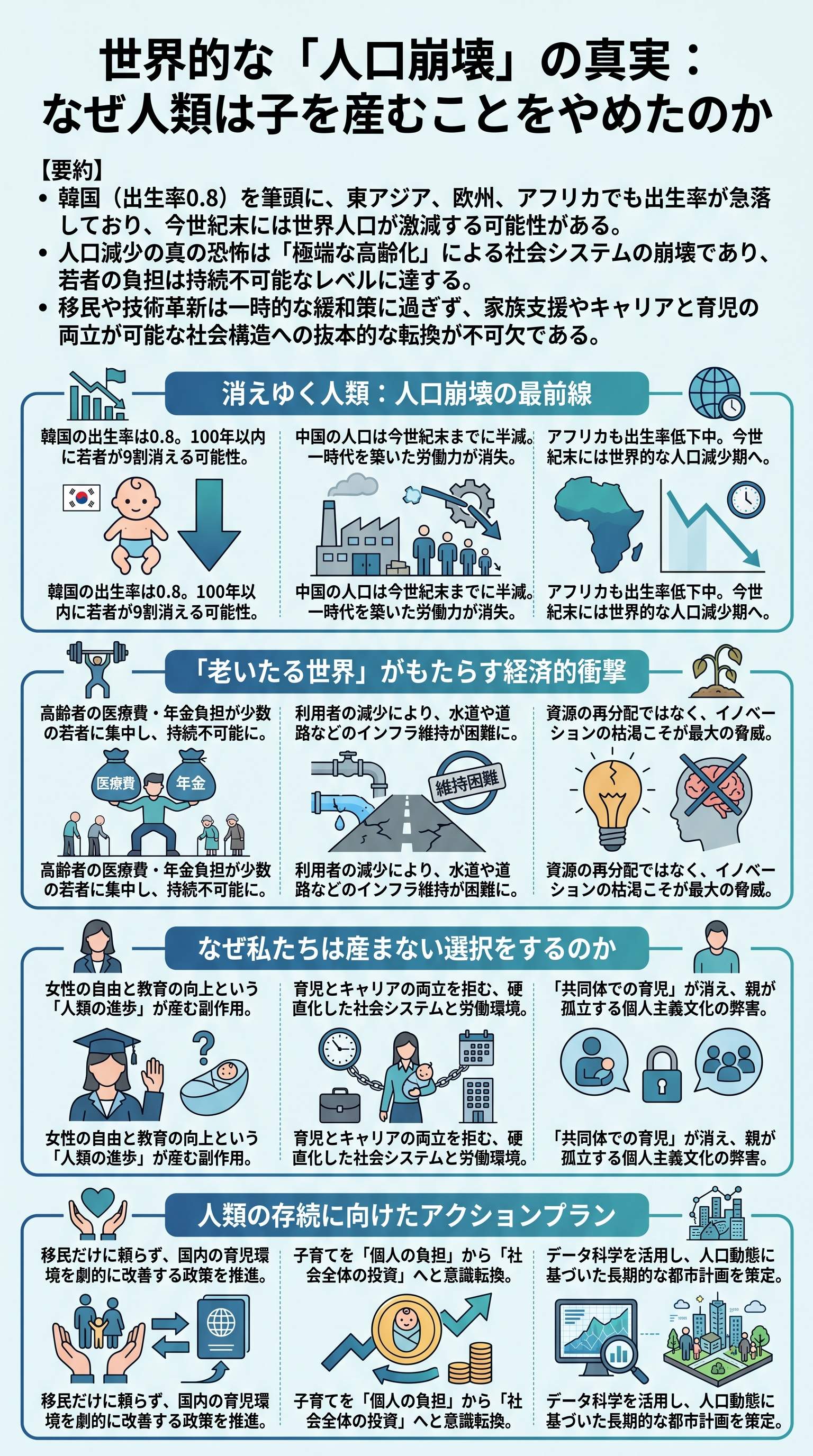 世界的な「人口崩壊」の真実：なぜ人類は子を産むことをやめたのか - 1分でわかるスライド要約 (manabi)