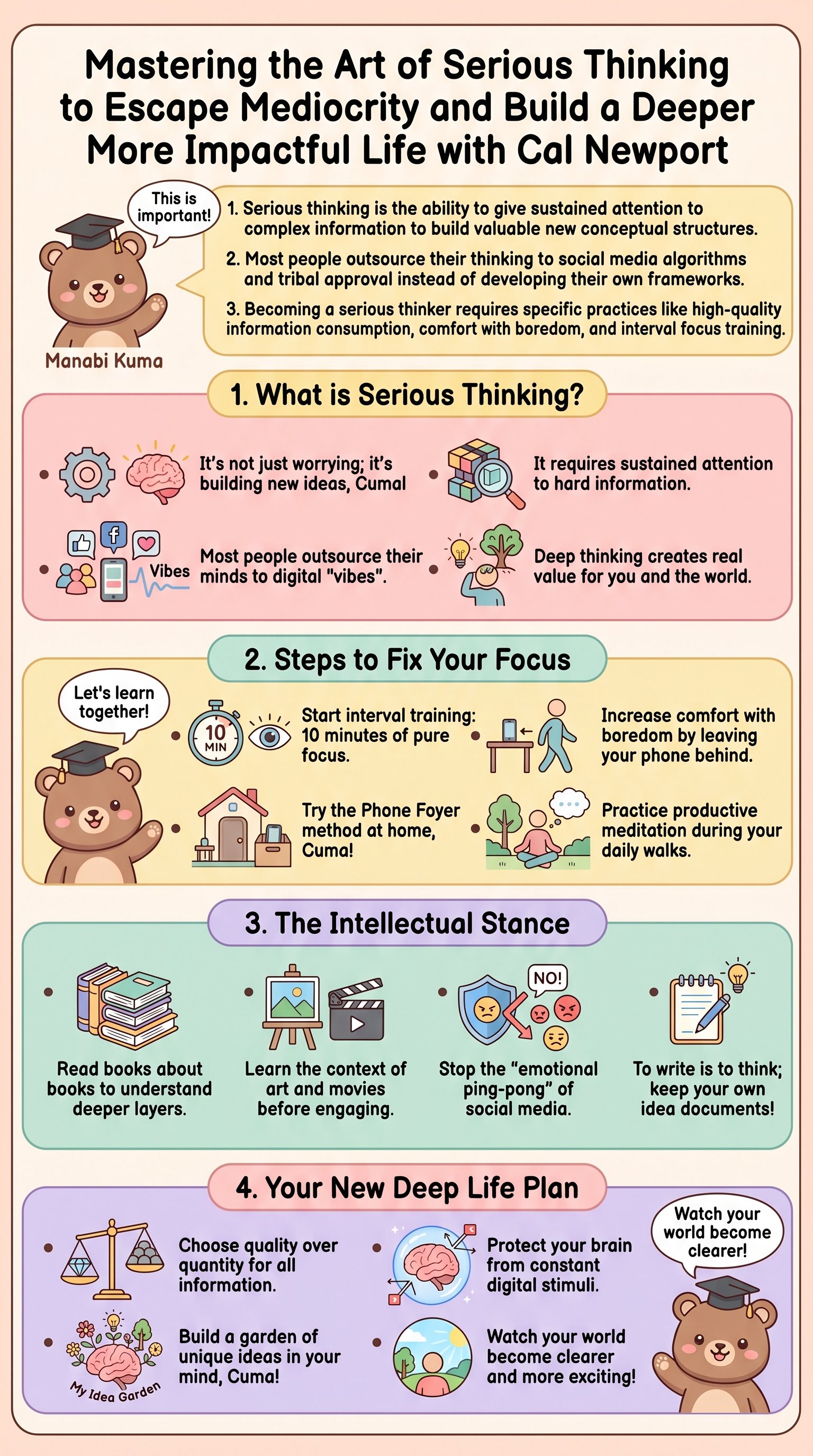 Mastering the Art of Serious Thinking to Escape Mediocrity and Build a Deeper More Impactful Life with Cal Newport - 1分でわかるスライド要約 (manabi)