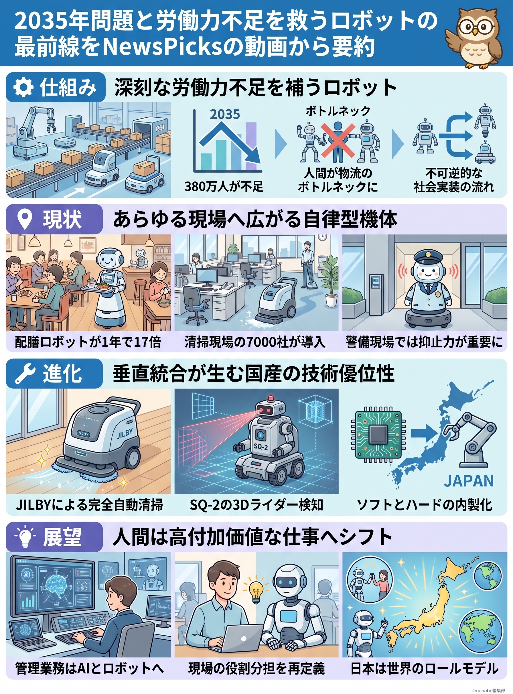 2035年問題と労働力不足を救うロボットの最前線をNewsPicksの動画から要約 - 1分でわかるスライド要約 (manabi)