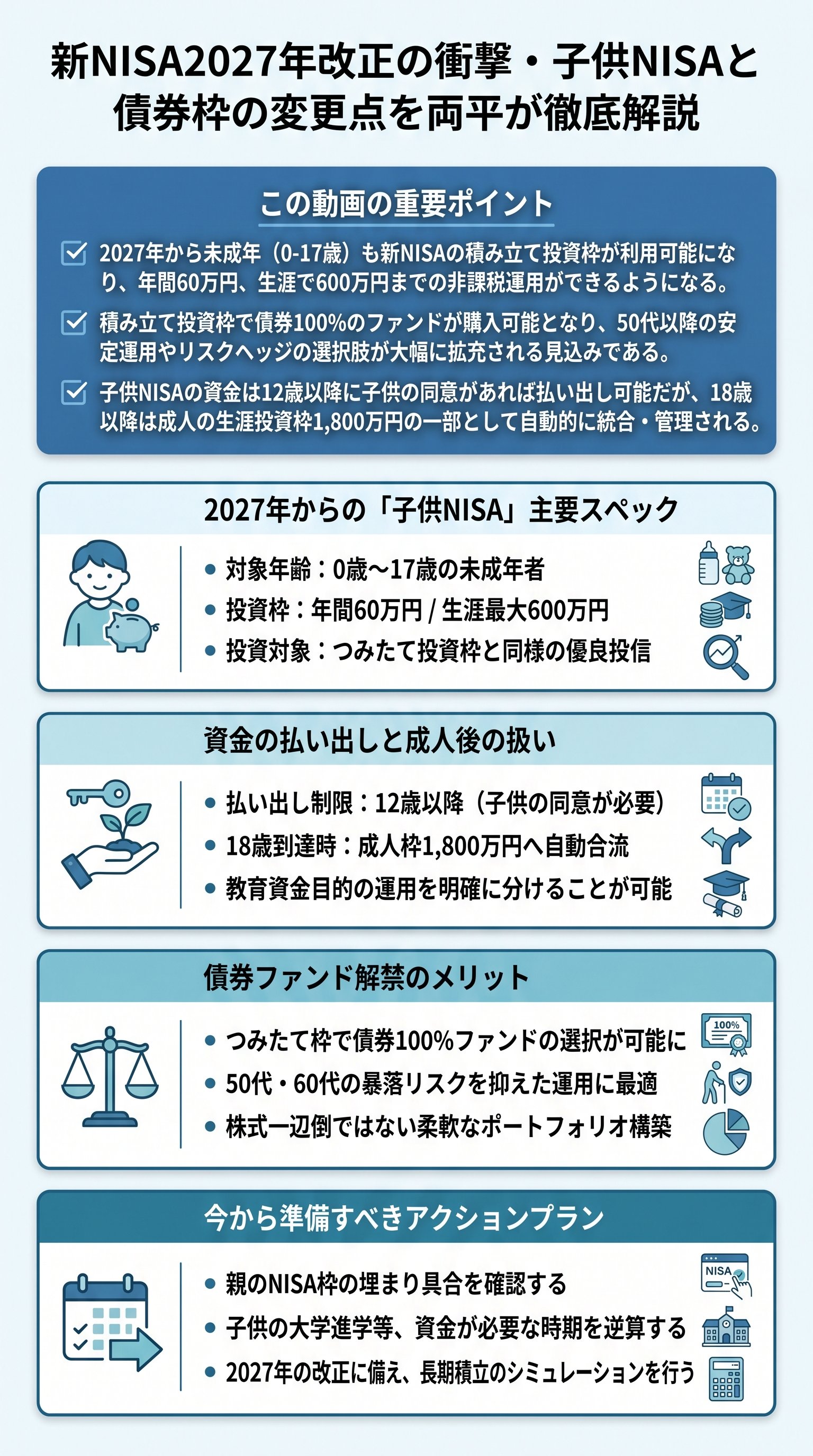 新NISA2027年改正の衝撃・子供NISAと債券枠の変更点を両平が徹底解説 - 1分でわかるスライド要約 (manabi)
