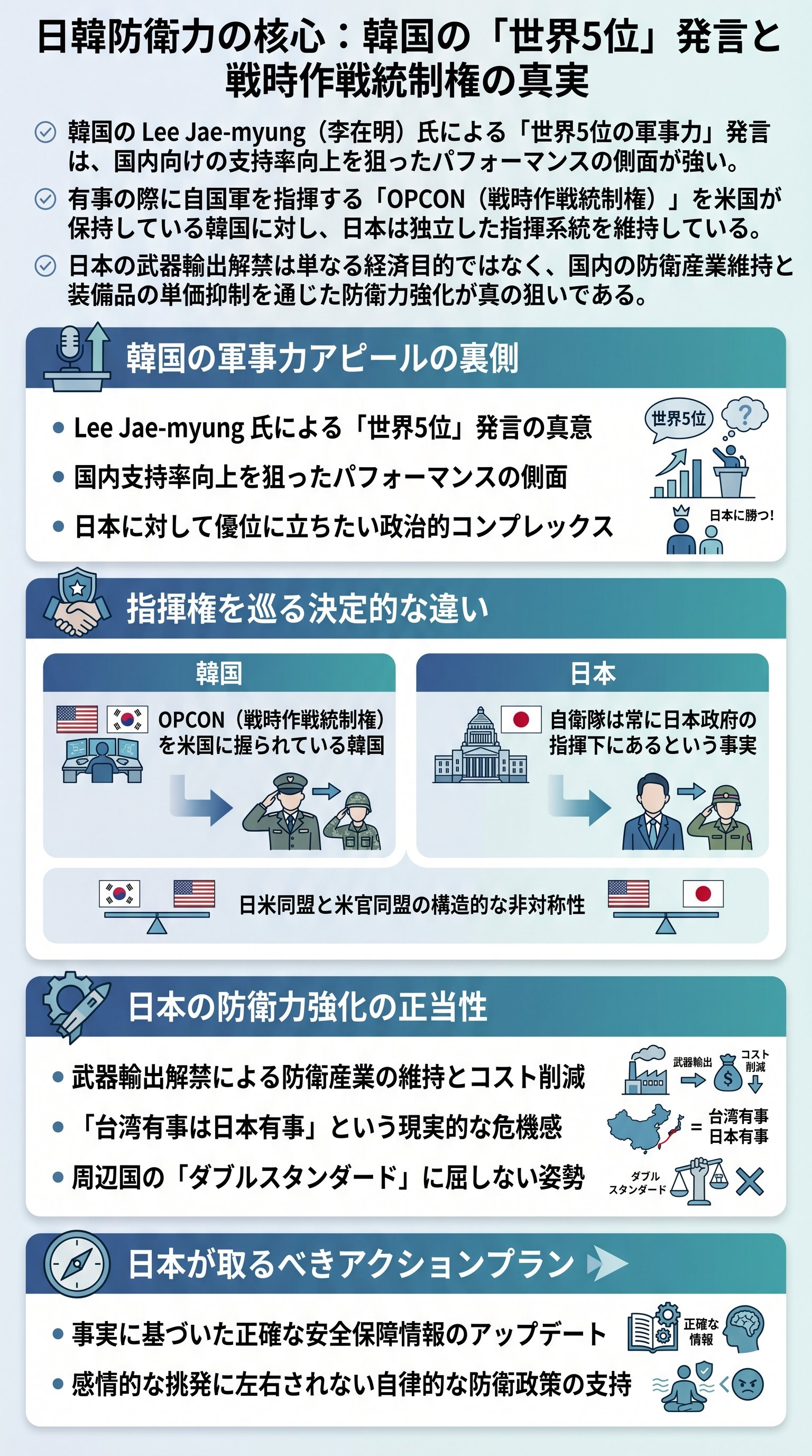 日韓防衛力の核心：韓国の「世界5位」発言と戦時作戦統制権の真実 - 1分でわかるスライド要約 (manabi)