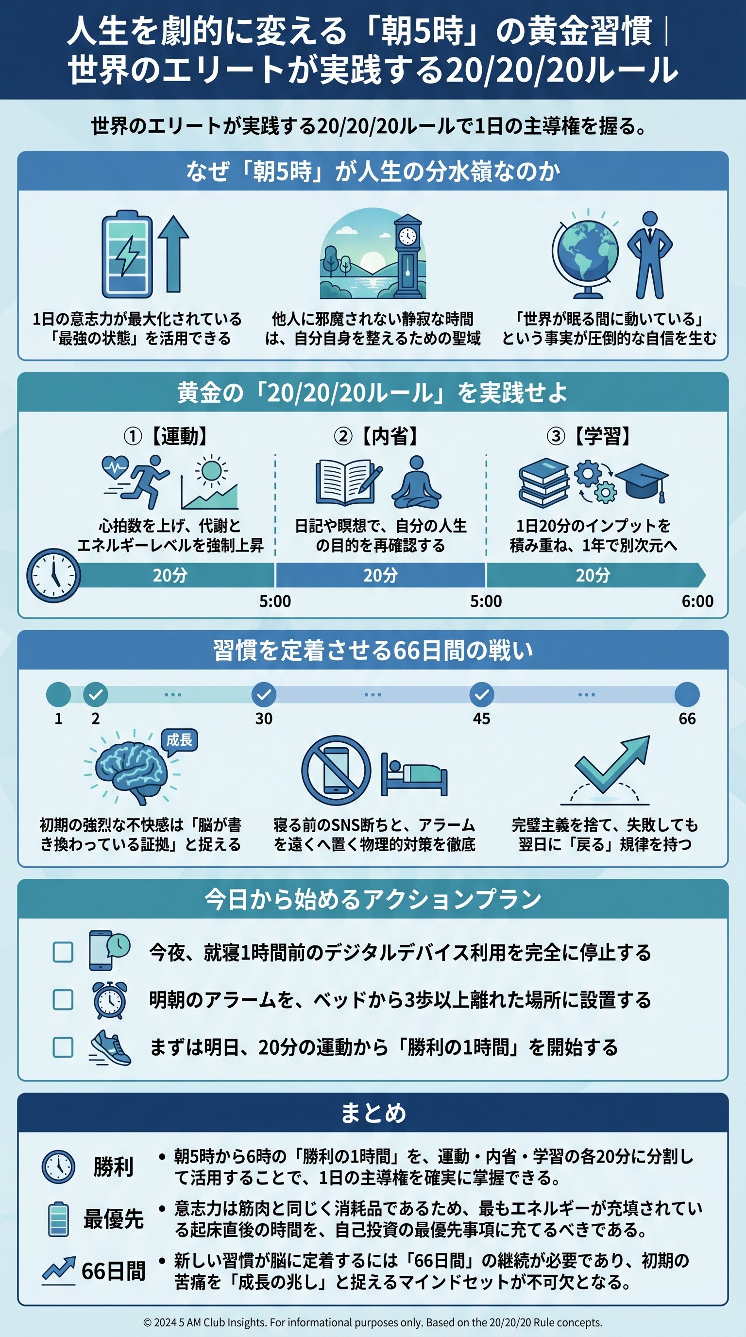 人生を劇的に変える「朝5時」の黄金習慣|世界のエリートが実践する20/20/20ルールを要約 - 1分でわかるスライド要約 (manabi)