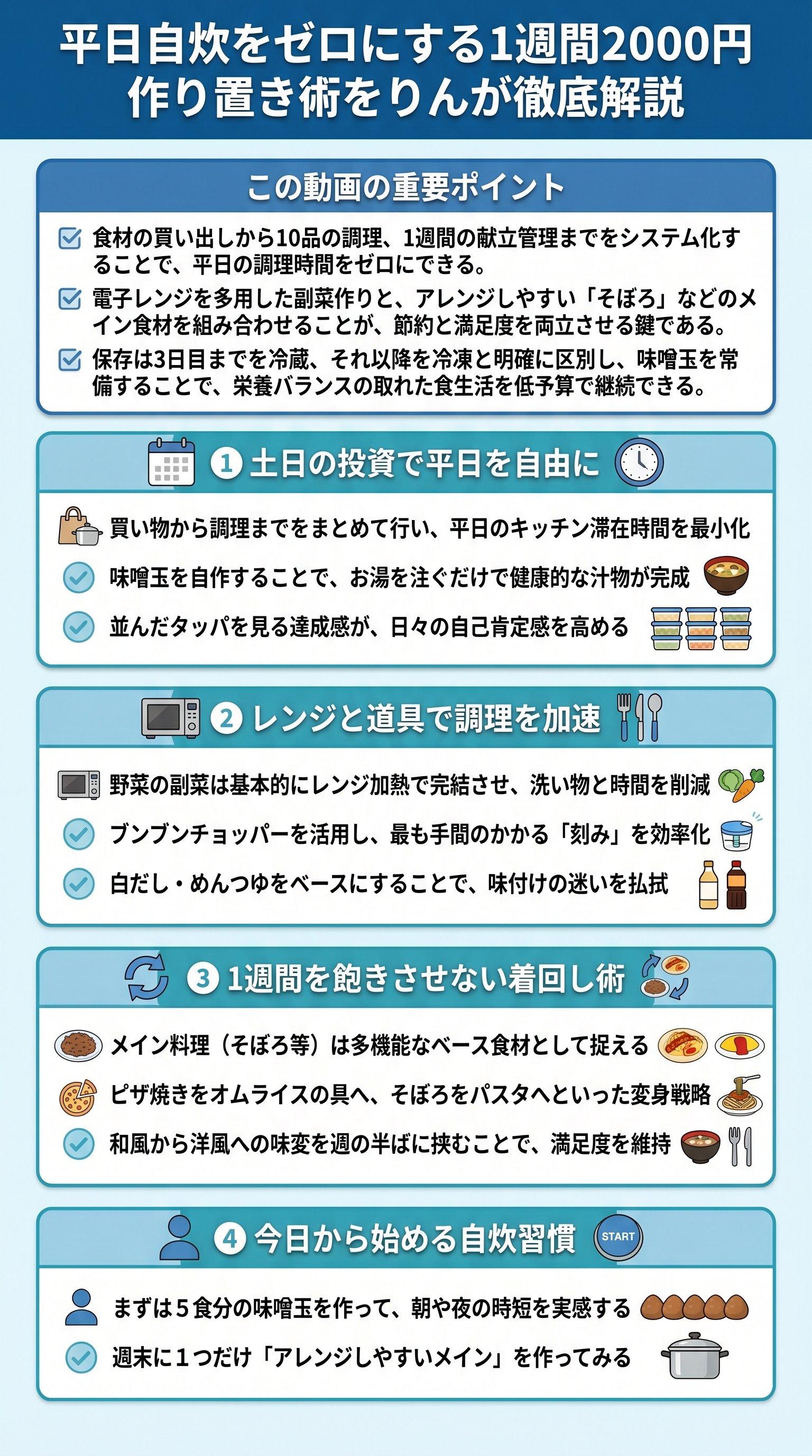 平日自炊をゼロにする1週間2000円作り置き術をりんが徹底解説 - 1分でわかるスライド要約 (manabi)