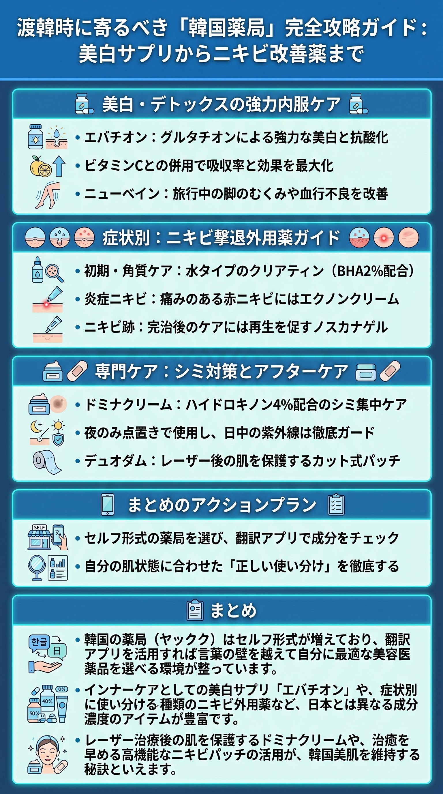 渡韓時に寄るべき「韓国薬局」完全攻略ガイド：美白サプリからニキビ改善薬までを要約 - 1分でわかるスライド要約 (manabi)