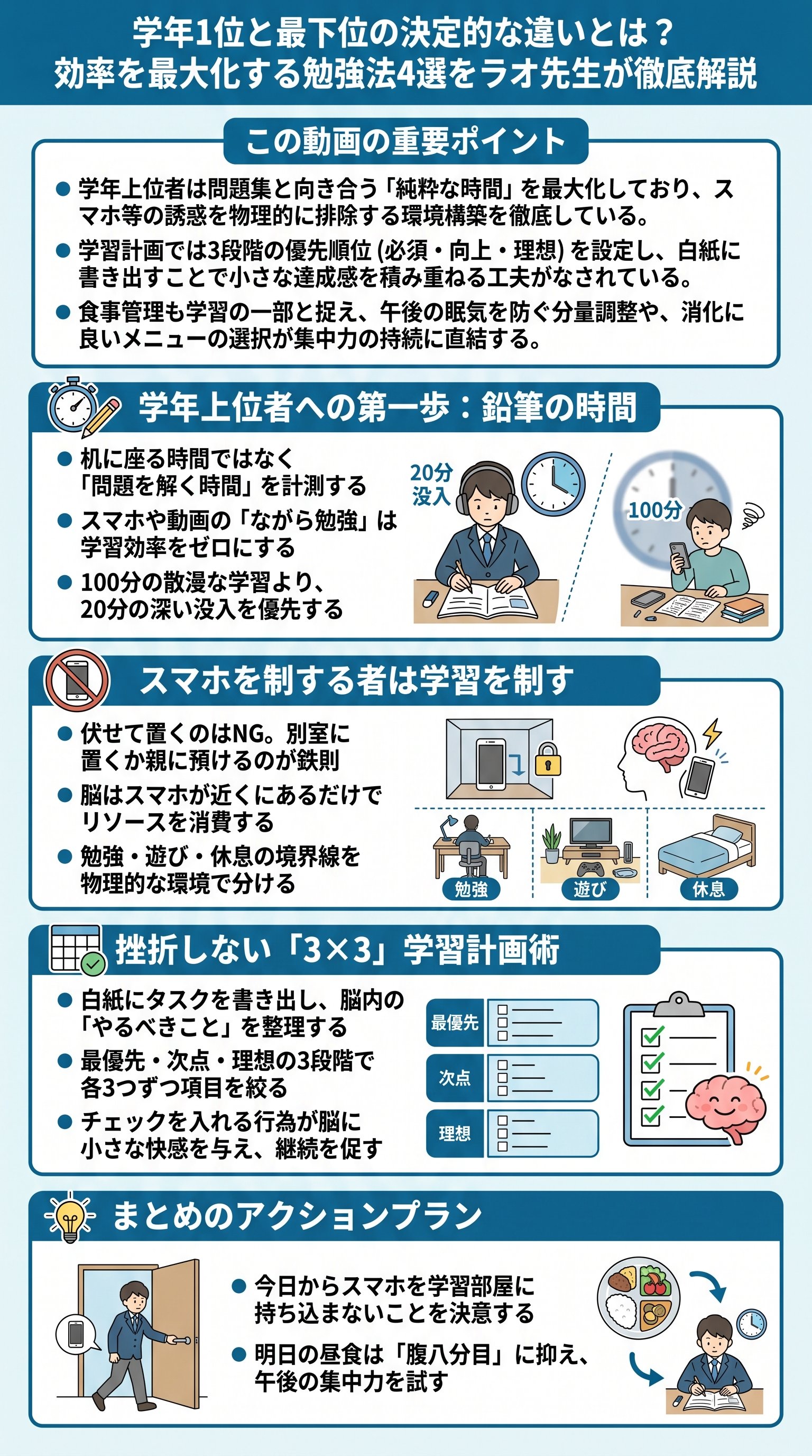 学年1位と最下位の決定的な違いとは？効率を最大化する勉強法4選をラオ先生が徹底解説 - 1分でわかるスライド要約 (manabi)
