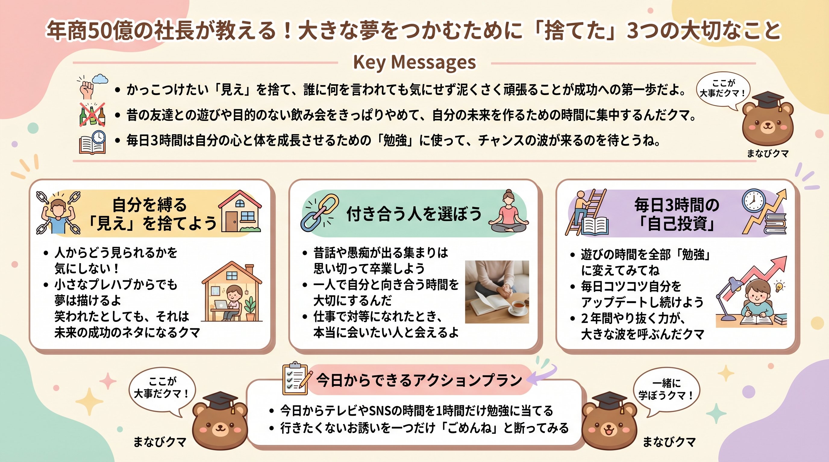 年商50億の社長が教える！大きな夢をつかむために「捨てた」3つの大切なことを要約 - まとめ図解要約 (manabi)